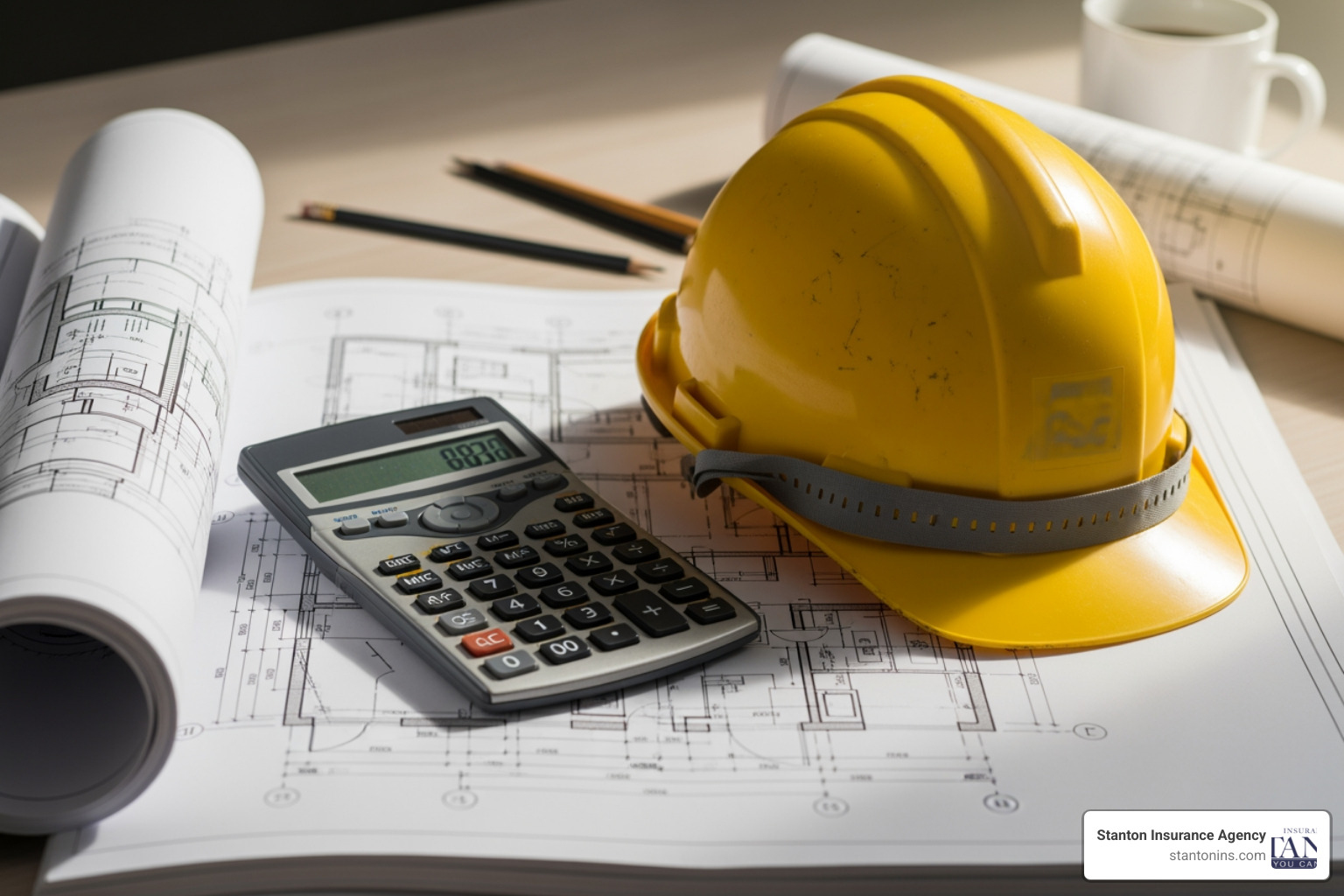 calculator and a hard hat on top of architectural blueprints - Builder risk insurance rates