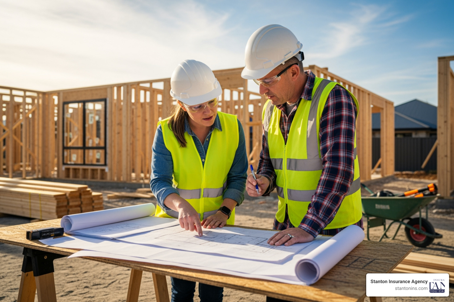 two people, a homeowner and a contractor, reviewing a document together at a construction site - Builder risk insurance rates