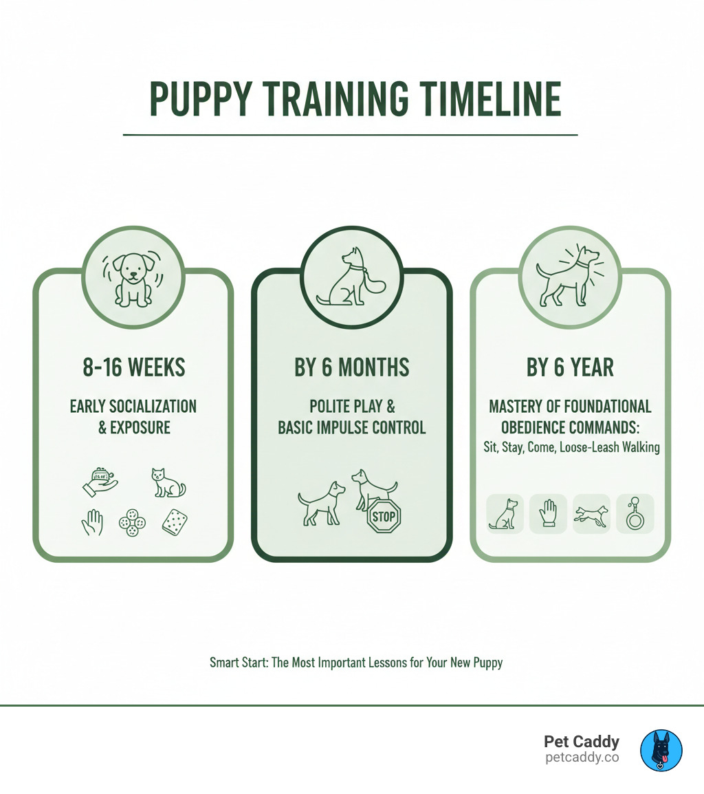Infographic showing the puppy training timeline: 8-16 weeks for early socialization and exposure, by 6 months for polite play and basic impulse control, and by 1 year for mastery of foundational obedience commands like sit, stay, come, and loose-leash walking - dog & puppy training infographic Infographic showing the puppy training timeline: 8-16 weeks for early socialization and exposure, by 6 months for polite play and basic impulse control, and by 1 year for mastery of foundational obedience commands like sit, stay, come, and loose-leash walking - dog & puppy training infographic