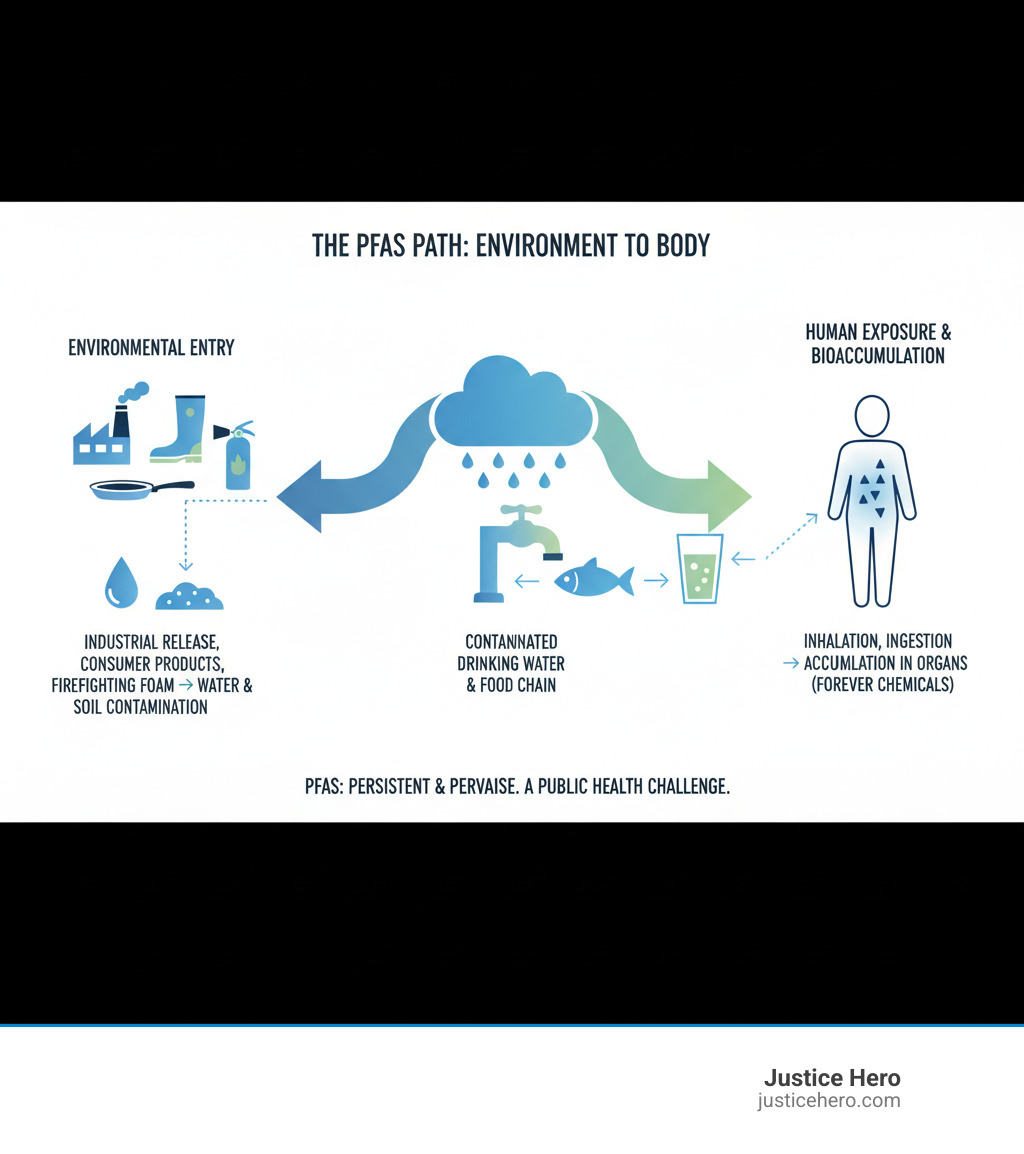 Infographic explaining how PFAS chemicals enter the environment and the human body. - PFAS attorney near me infographic 