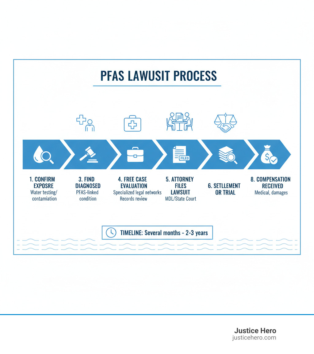 Detailed infographic showing the PFAS lawsuit process: Step 1 - Confirm exposure through water testing or documented contamination in your area; Step 2 - Get diagnosed with a PFAS-linked condition by a medical professional; Step 3 - Find an experienced PFAS attorney through referrals or specialized legal networks; Step 4 - Attend free case evaluation where attorney reviews exposure history and medical records; Step 5 - Attorney files lawsuit if you qualify, typically in MDL or state court; Step 6 - Discovery and evidence gathering phase; Step 7 - Settlement negotiation or trial; Step 8 - Compensation received for medical costs, pain and suffering, and other damages. Timeline typically ranges from several months to 2-3 years depending on case complexity. - PFAS attorney near me infographic 