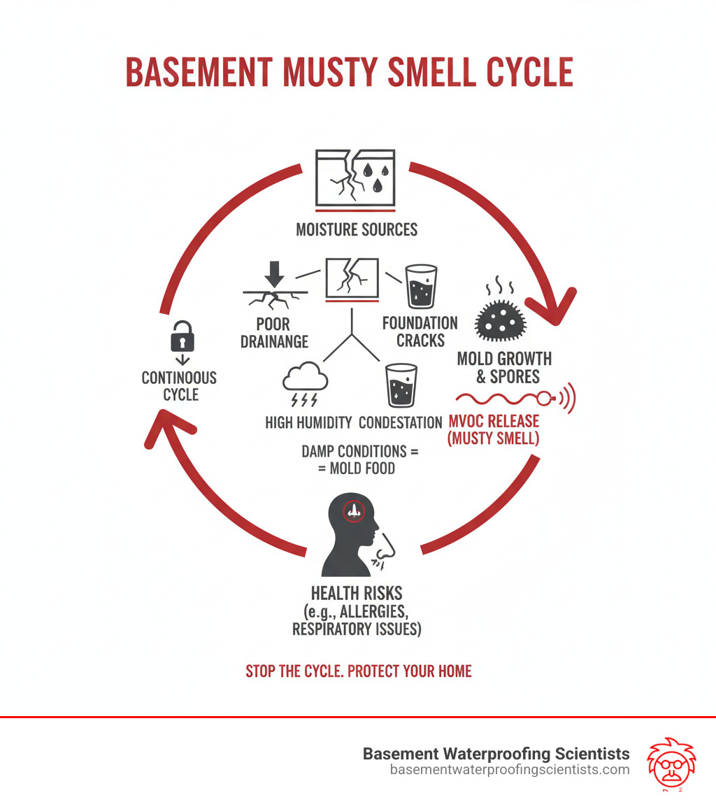 infographic showing the cycle of basement moisture leading to mold growth and musty smells, including sources like poor drainage, foundation cracks, high humidity, condensation, leading to mold spores, MVOC release, and health risks - remove mold smell from basement infographic infographic showing the cycle of basement moisture leading to mold growth and musty smells, including sources like poor drainage, foundation cracks, high humidity, condensation, leading to mold spores, MVOC release, and health risks - remove mold smell from basement infographic