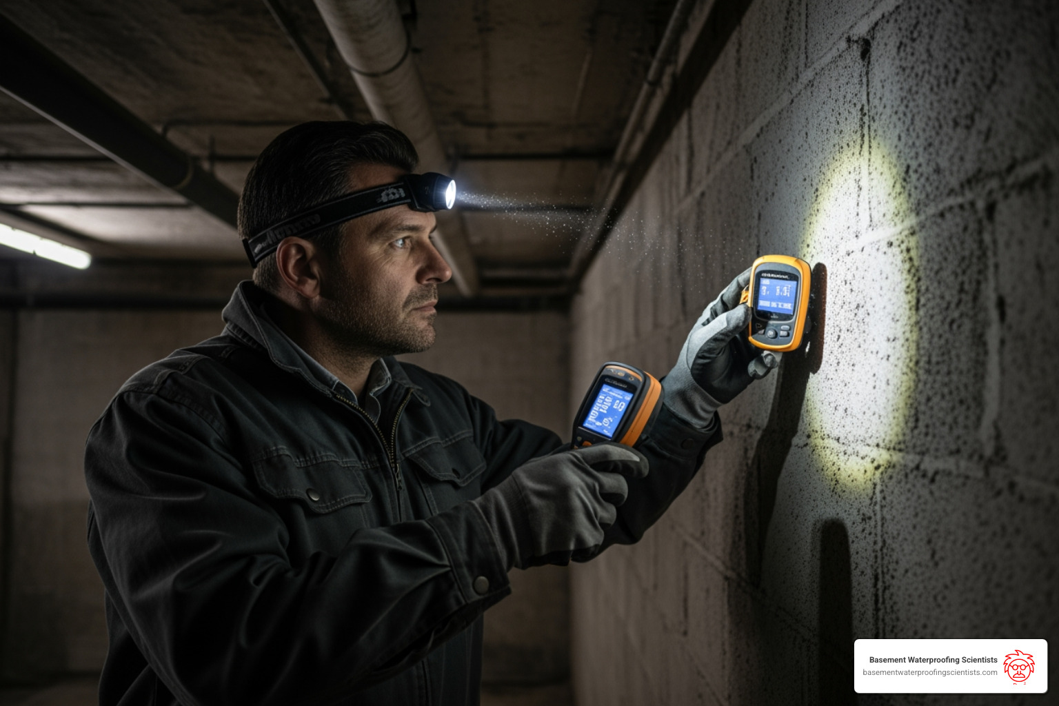 A professional inspecting a basement wall for hidden mold and moisture with specialized equipment - remove mold smell from basement A professional inspecting a basement wall for hidden mold and moisture with specialized equipment - remove mold smell from basement