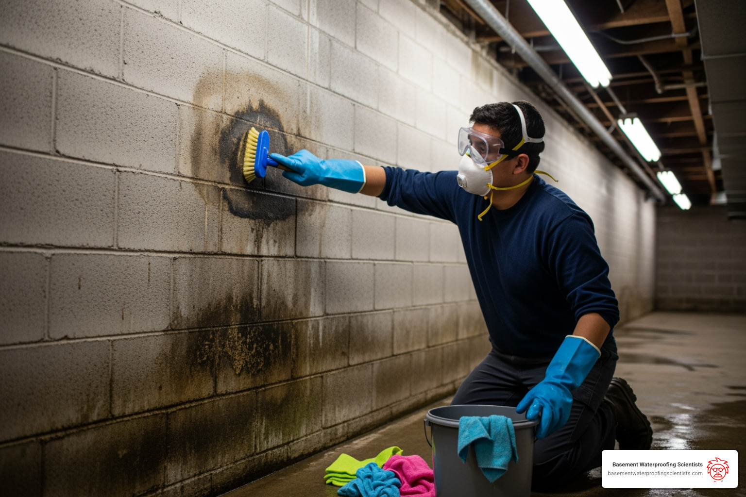 A person wearing proper PPE, including gloves, mask, and goggles, while cleaning a basement wall - remove mold smell from basement A person wearing proper PPE, including gloves, mask, and goggles, while cleaning a basement wall - remove mold smell from basement