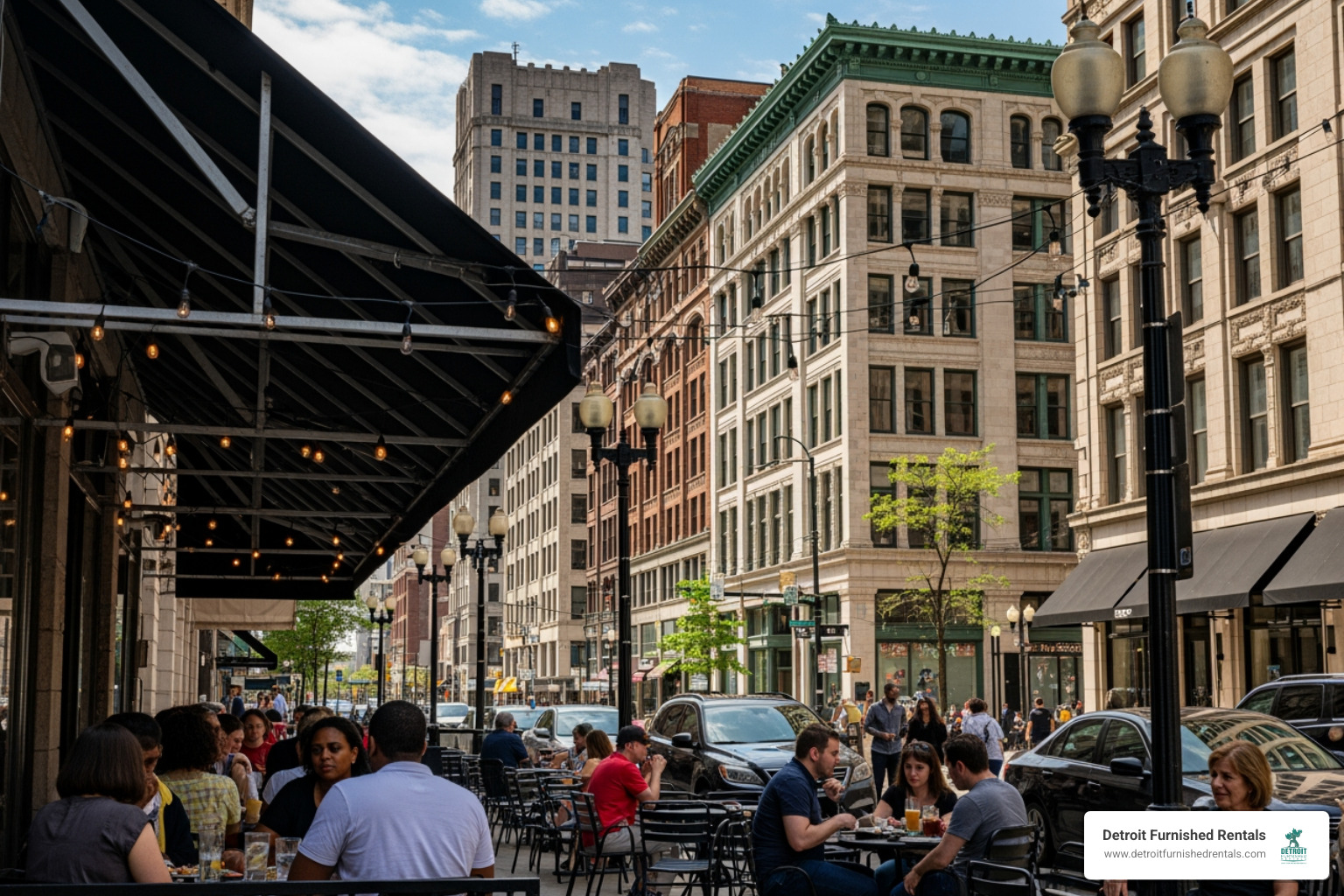 People enjoying an outdoor cafe scene in Downtown Detroit with historic buildings in the background - apartments near Detroit cultural venues