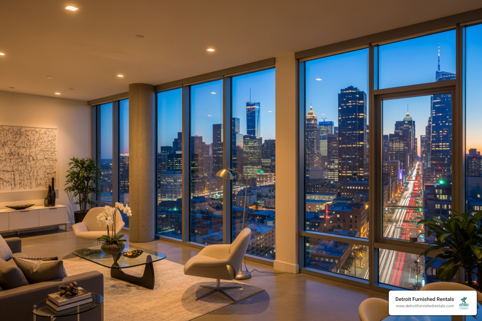 Interior of a modern apartment with large windows and a view of the city skyline - apartments near Detroit cultural venues
