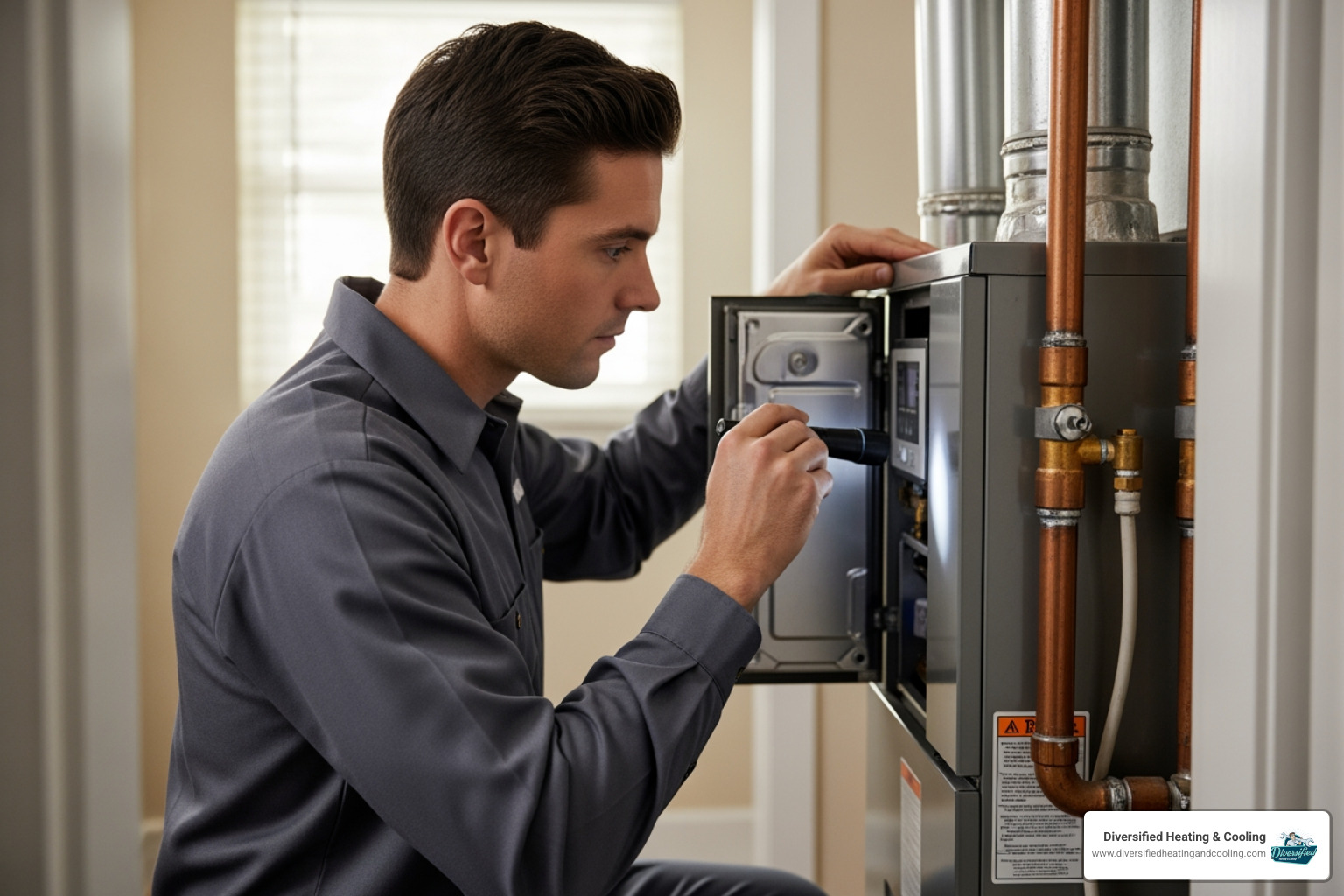 HVAC technician performing a heating system tune-up - affordable heating service in big bear lake ca