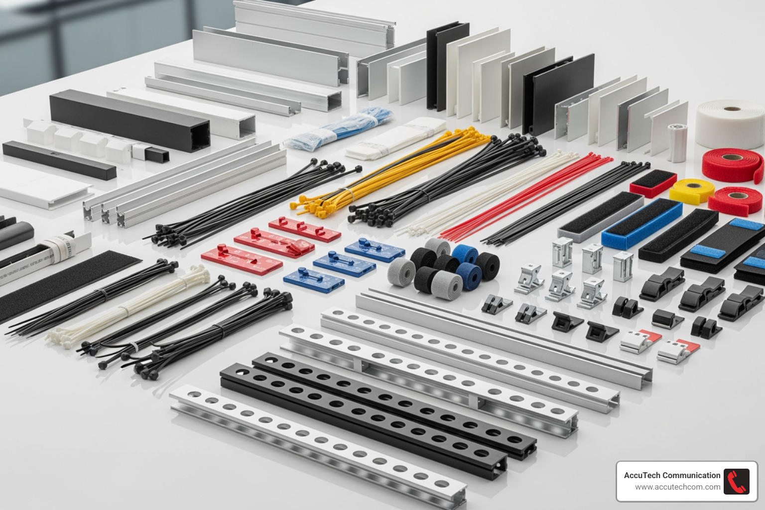 A diverse array of cable management products neatly arranged, including various types of raceways, cable ties, hook-and-loop straps, cable clips, and horizontal/vertical cable managers, showcasing a comprehensive toolkit for organization. - data cable management A diverse array of cable management products neatly arranged, including various types of raceways, cable ties, hook-and-loop straps, cable clips, and horizontal/vertical cable managers, showcasing a comprehensive toolkit for organization. - data cable management