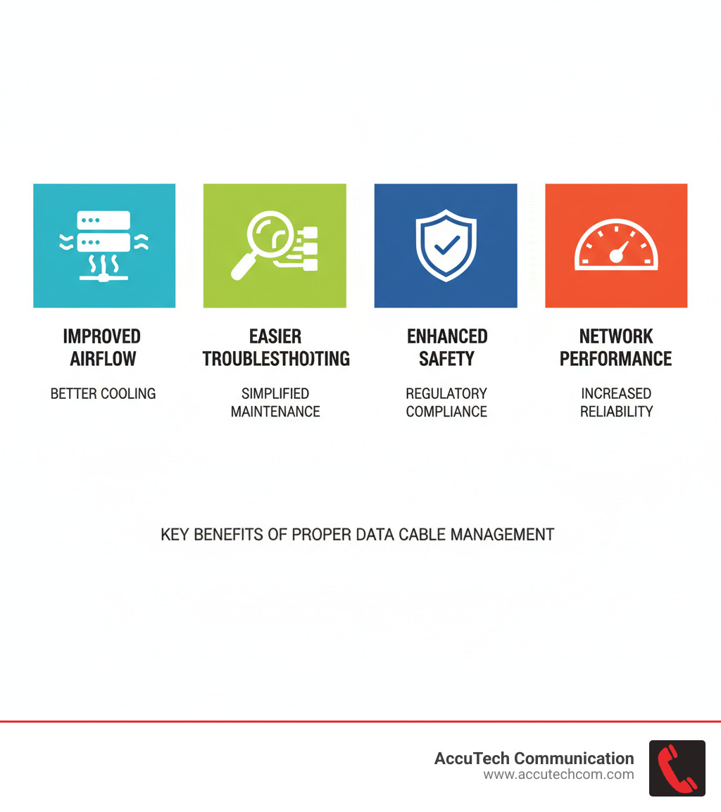 infographic showing four key benefits of proper data cable management: improved airflow and cooling with server rack icon, easier troubleshooting and maintenance with magnifying glass icon, enhanced safety and compliance with shield icon, and better network performance and reliability with speedometer icon - data cable management infographic infographic showing four key benefits of proper data cable management: improved airflow and cooling with server rack icon, easier troubleshooting and maintenance with magnifying glass icon, enhanced safety and compliance with shield icon, and better network performance and reliability with speedometer icon - data cable management infographic