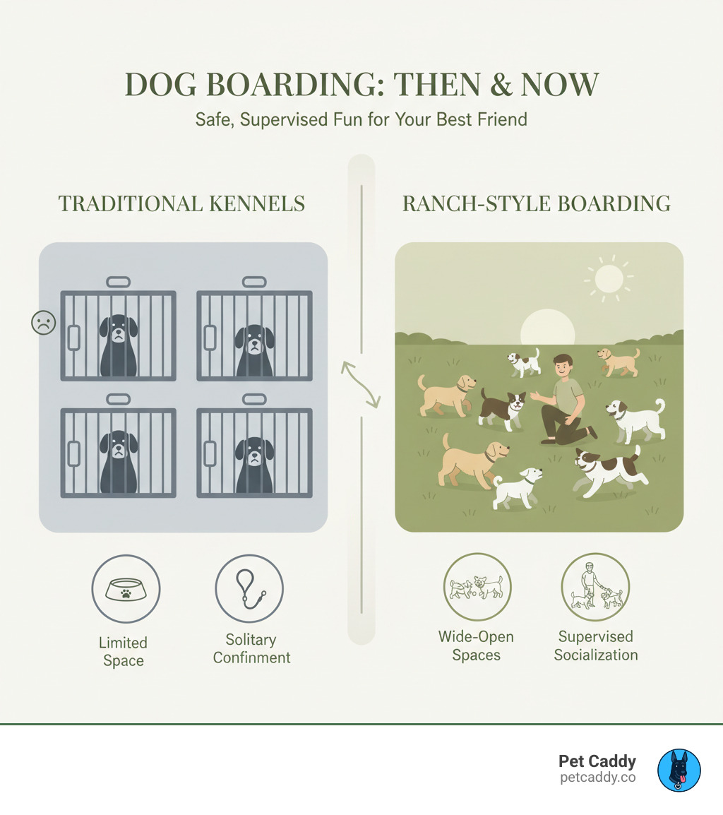 infographic comparing traditional kennels versus ranch-style boarding showing dogs confined in small cages on left and dogs playing freely in wide open grassy spaces with small supervised groups on right - what is a boarding facility for dogs infographic infographic comparing traditional kennels versus ranch-style boarding showing dogs confined in small cages on left and dogs playing freely in wide open grassy spaces with small supervised groups on right - what is a boarding facility for dogs infographic