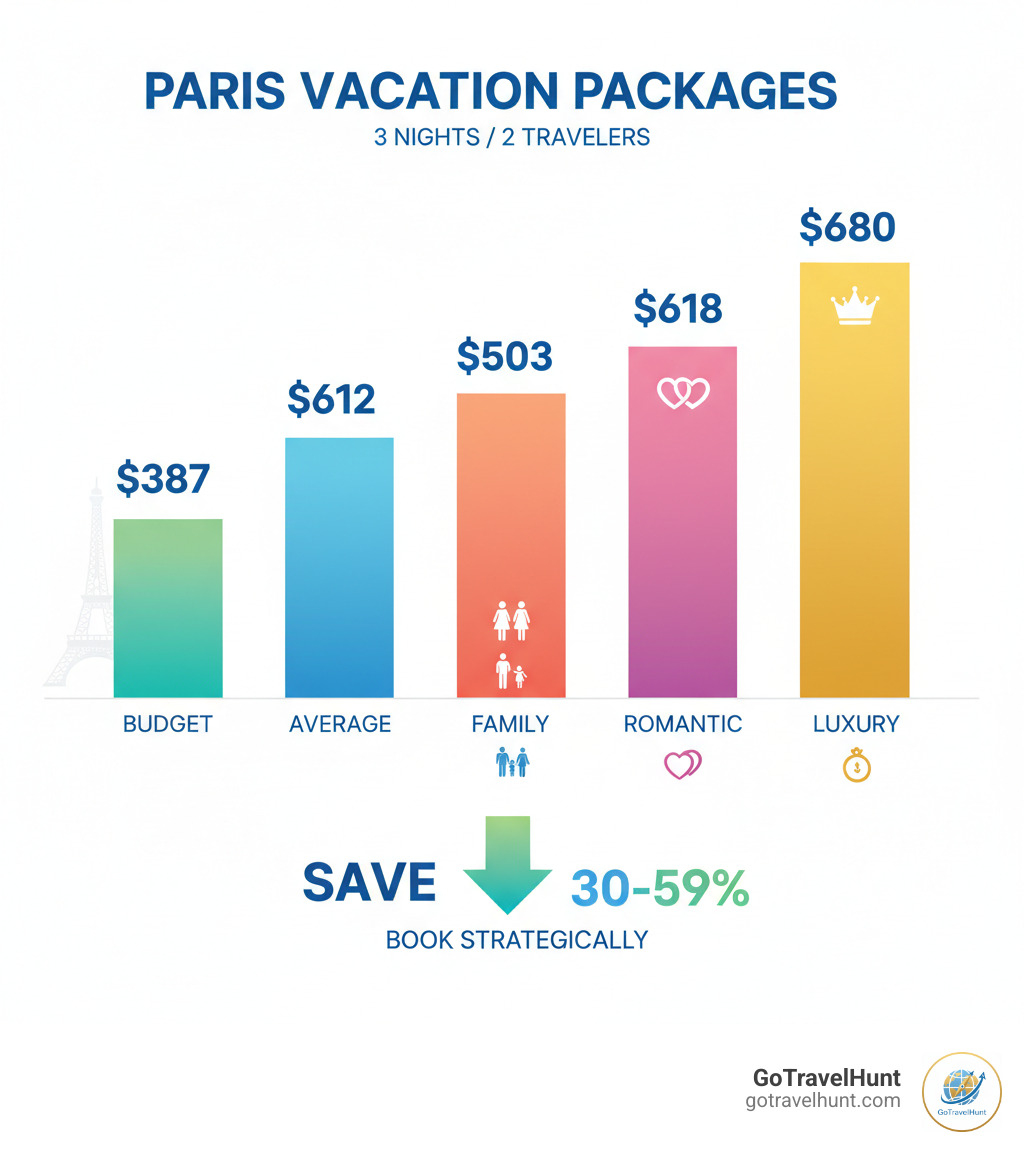 Infographic showing Paris vacation package pricing breakdown: Budget packages start at $387 for 3 nights for 2 travelers, average packages cost $612, family packages run $503, romantic packages are $618, and luxury packages reach $680, with potential savings of 30-59% when booking strategically - Paris travel deals infographic 