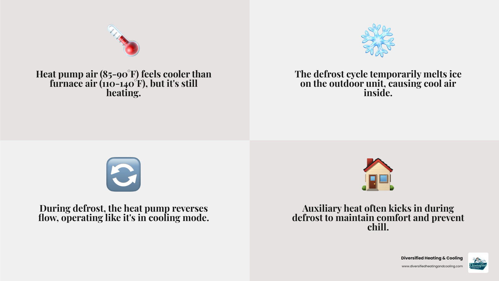 Infographic showing the heat pump refrigerant cycle with arrows indicating heat transfer from outdoor air to indoor space in heating mode, plus a secondary diagram showing the defrost cycle with the reversing valve switching direction and outdoor coil releasing ice - heat pump blowing cold air in joshua tree ca infographic 4_facts_emoji_grey