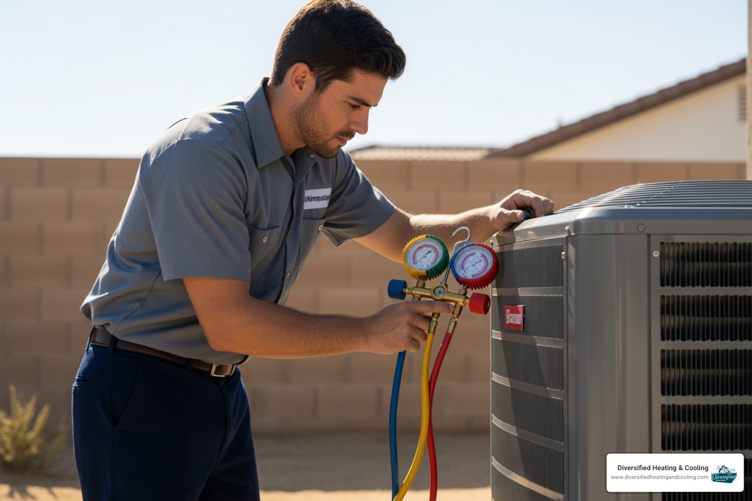 HVAC technician checking refrigerant levels on a heat pump - heat pump blowing cold air in joshua tree ca