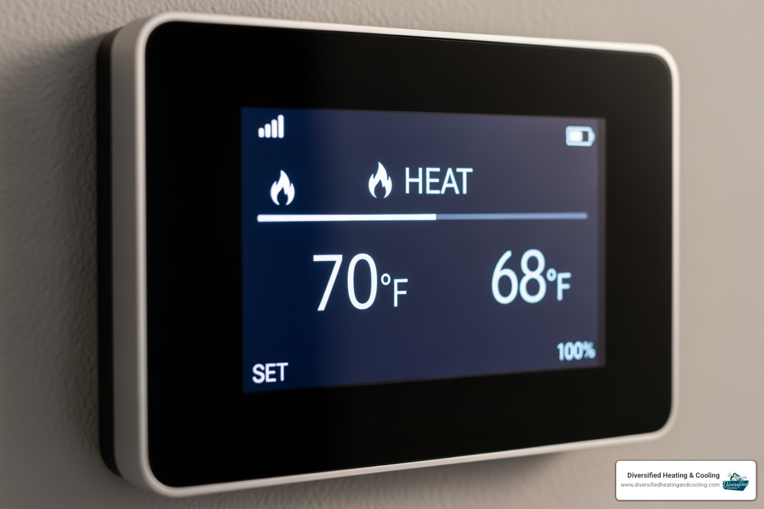 modern smart thermostat showing "Heat" mode - heat pump blowing cold air in joshua tree ca
