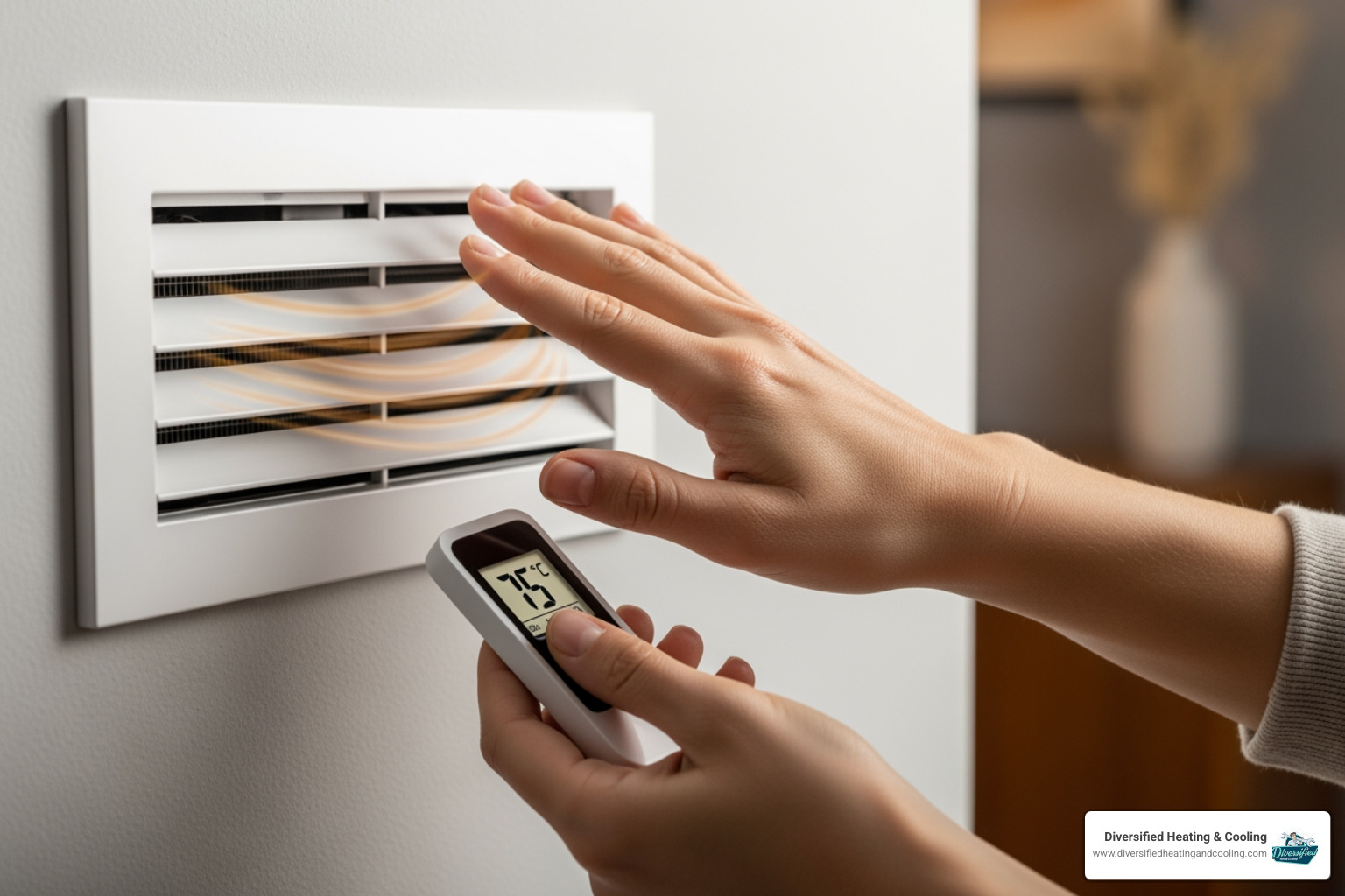 person feeling air from a vent with a thermometer showing 90°F - heat pump blowing cold air in joshua tree ca