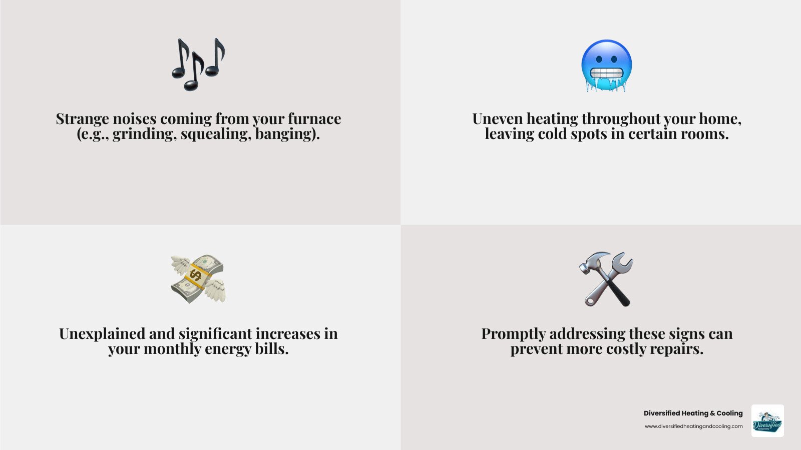 Infographic showing the top 3 signs you need heating repair: strange noises coming from your furnace, uneven heating throughout your home with cold spots in certain rooms, and unexplained increases in your energy bills - affordable heating repair in landers ca infographic 4_facts_emoji_grey