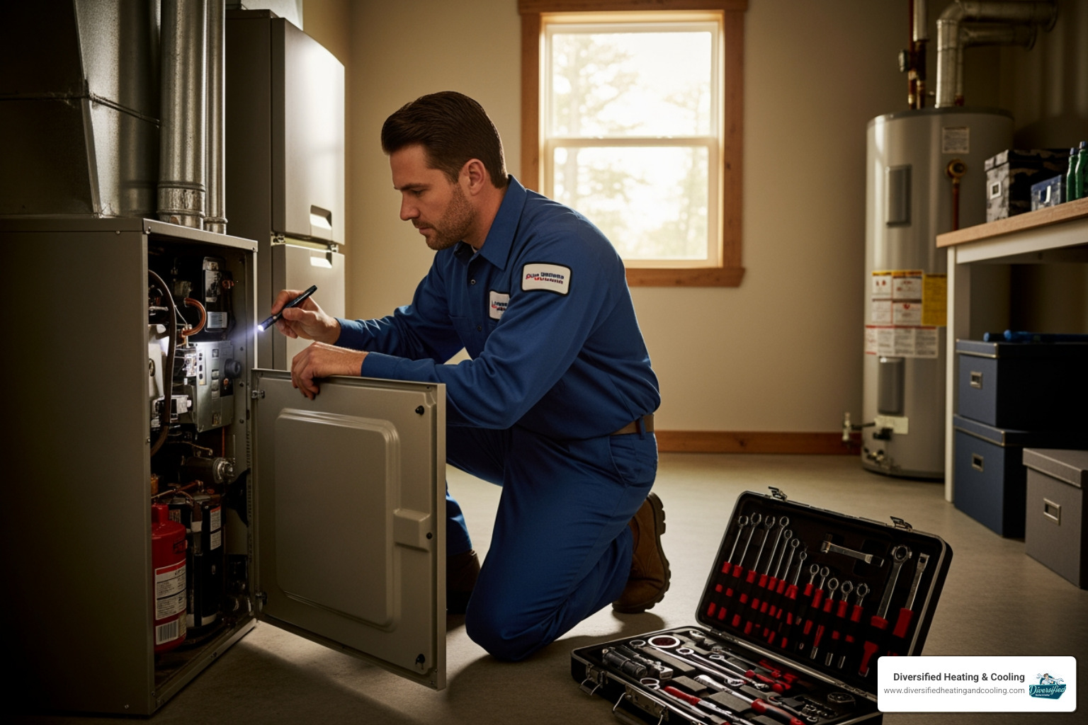 technician performing routine maintenance on furnace - affordable heating repair in landers ca