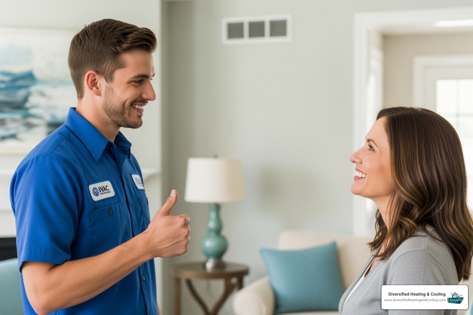 friendly technician giving thumbs-up to homeowner - affordable heating repair in landers ca