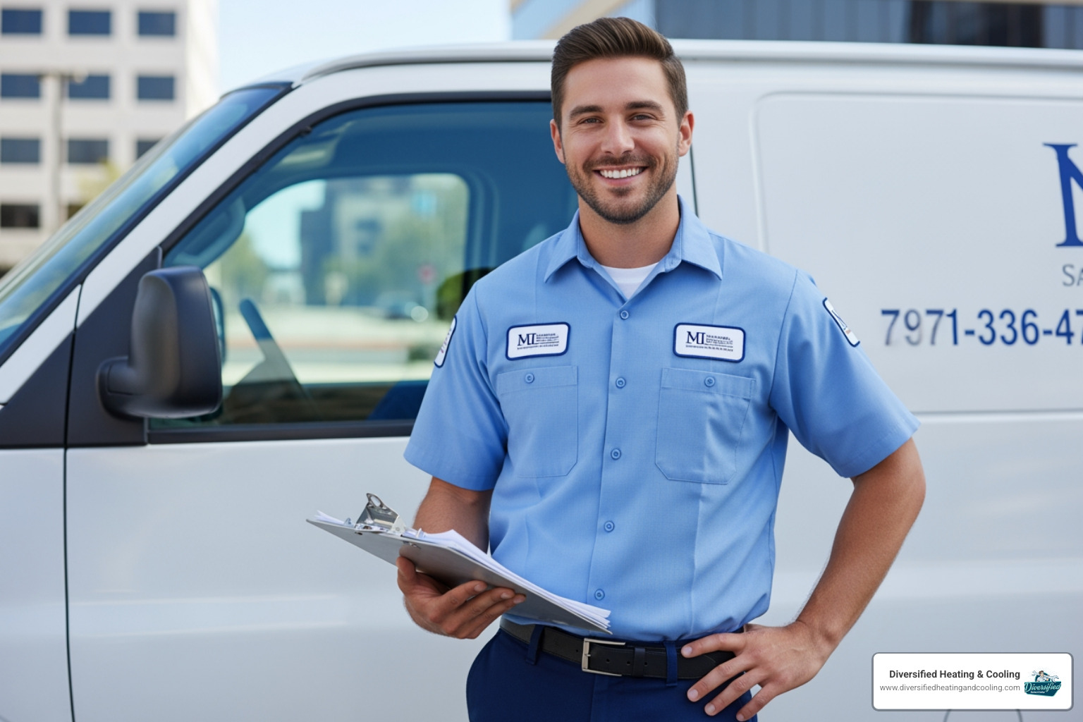A friendly, professional HVAC technician in a clean uniform stands next to a service van, holding a clipboard and smiling, ready to assist - 24/7 heating repair in big bear lake ca