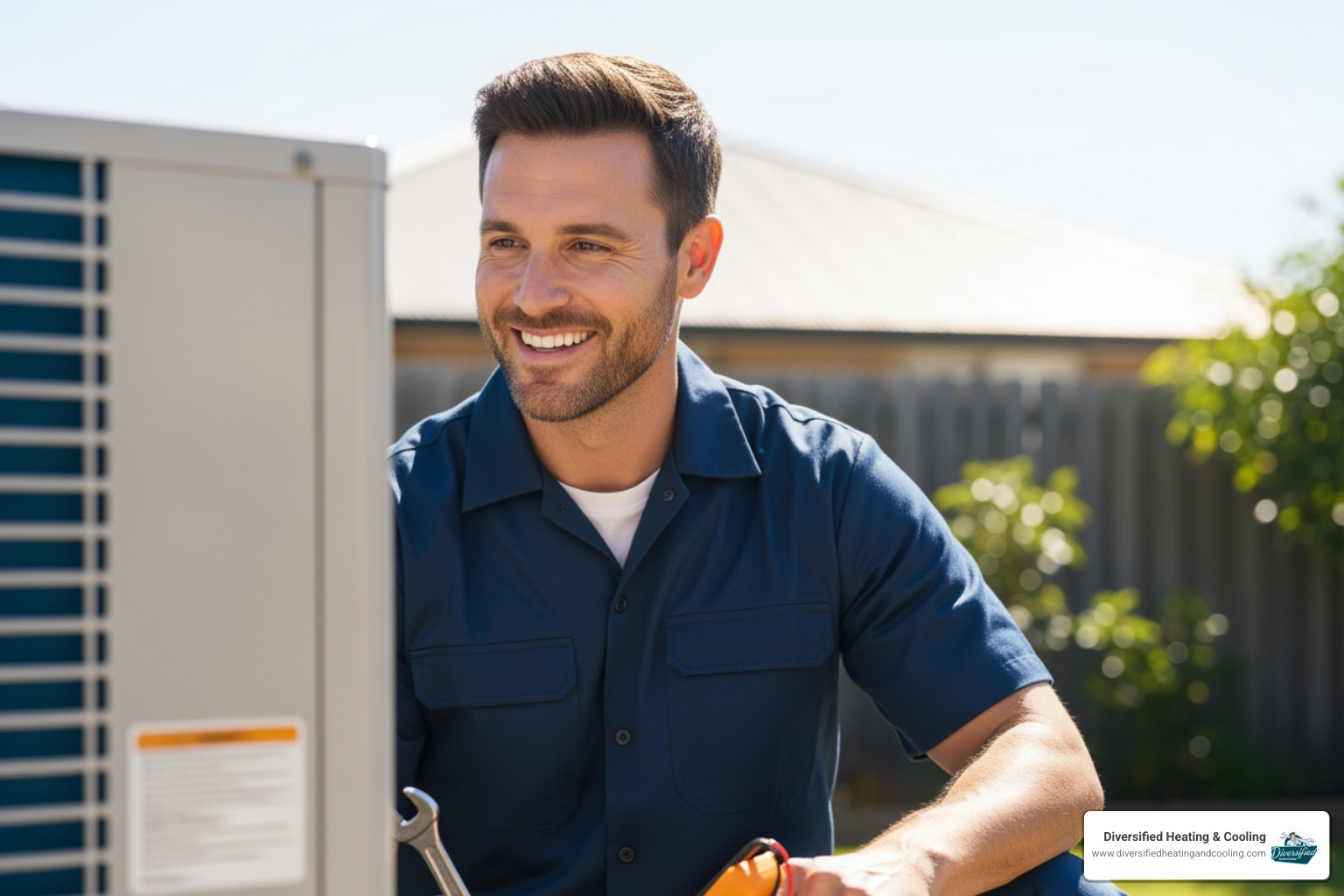 service technician smiling while inspecting a heat pump - heat pump maintenance in la quinta ca