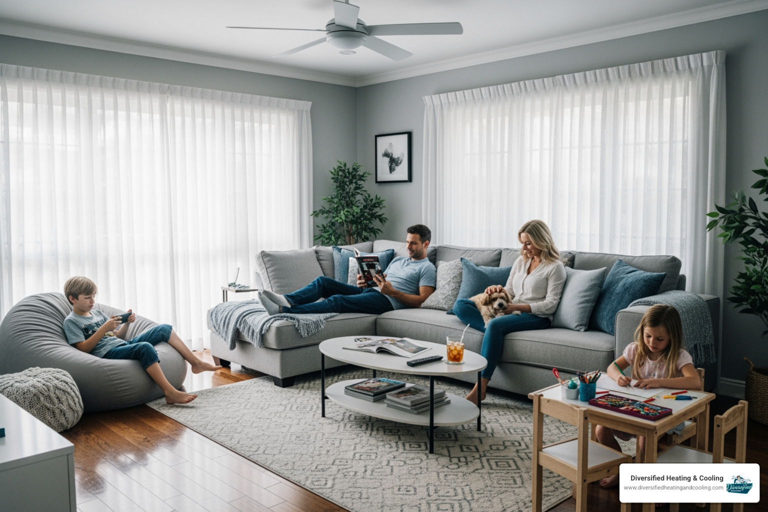 A family relaxing in a comfortable, cool living room - heat pump maintenance in la quinta ca