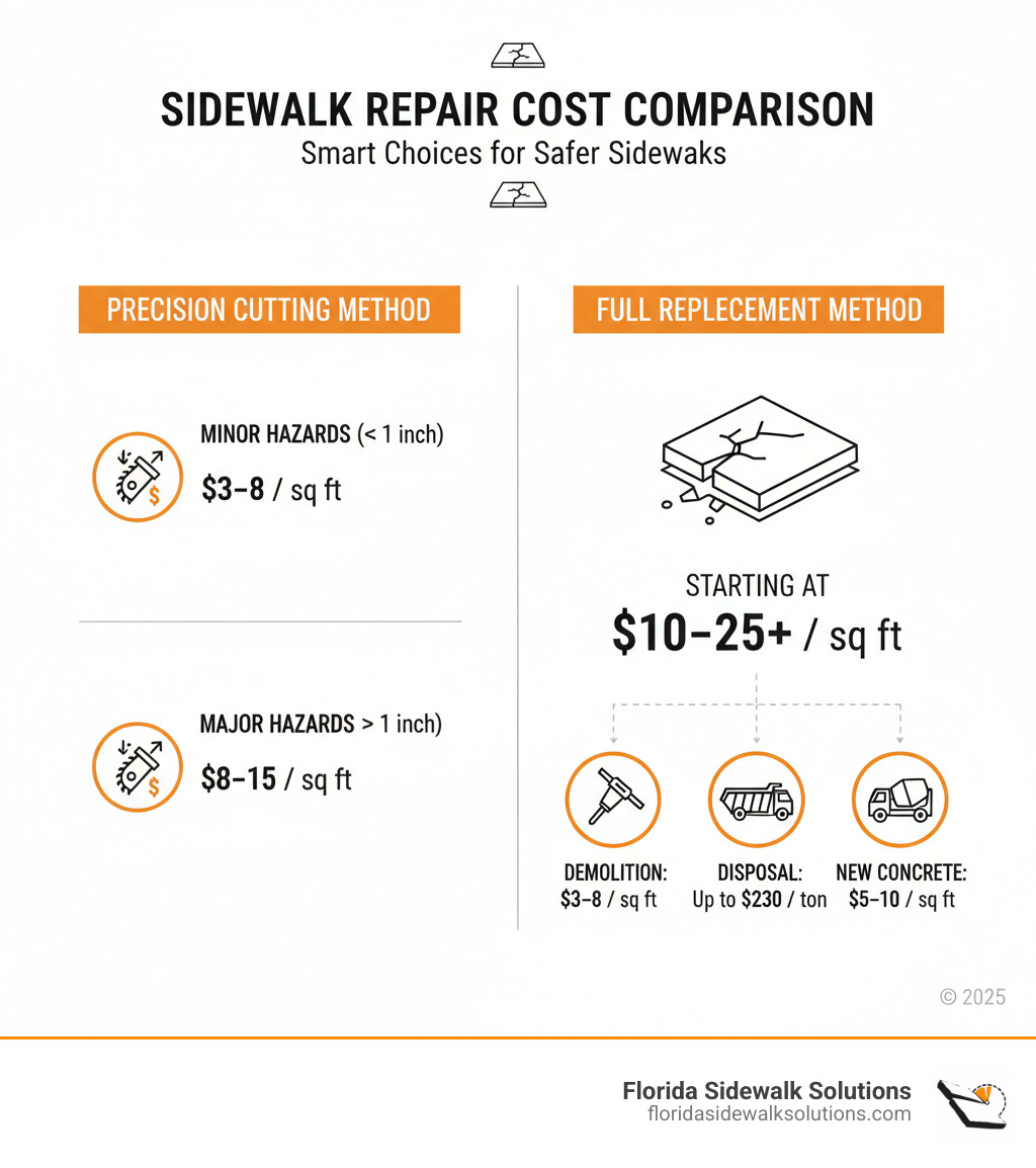 Infographic showing cost comparison: Precision Cutting Method ranging from $3-8 per square foot for minor hazards and $8-15 for major hazards versus Full Replacement Method ranging from $10-25+ per square foot, with additional breakdown showing demolition costs $3-8 per square foot, disposal fees up to $230 per ton, and new concrete pouring $5-10 per square foot - Sidewalk repair cost infographic 