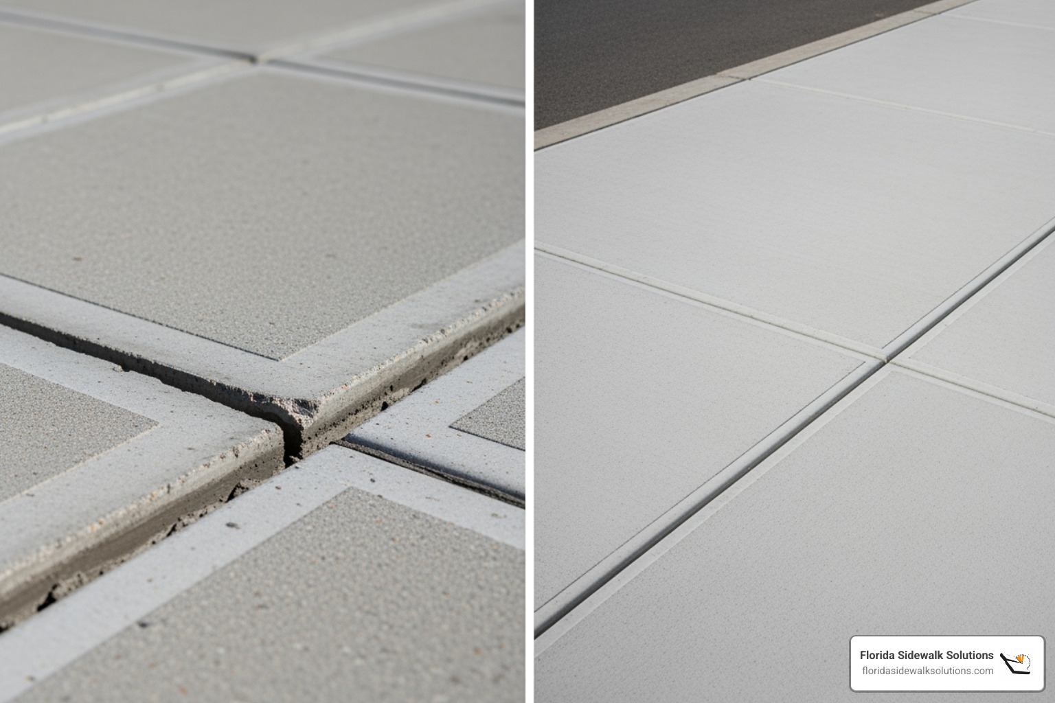 A side-by-side comparison image of a sidewalk section, one showing a precisely cut and leveled trip hazard, and the other showing a newly poured concrete slab - Sidewalk repair cost