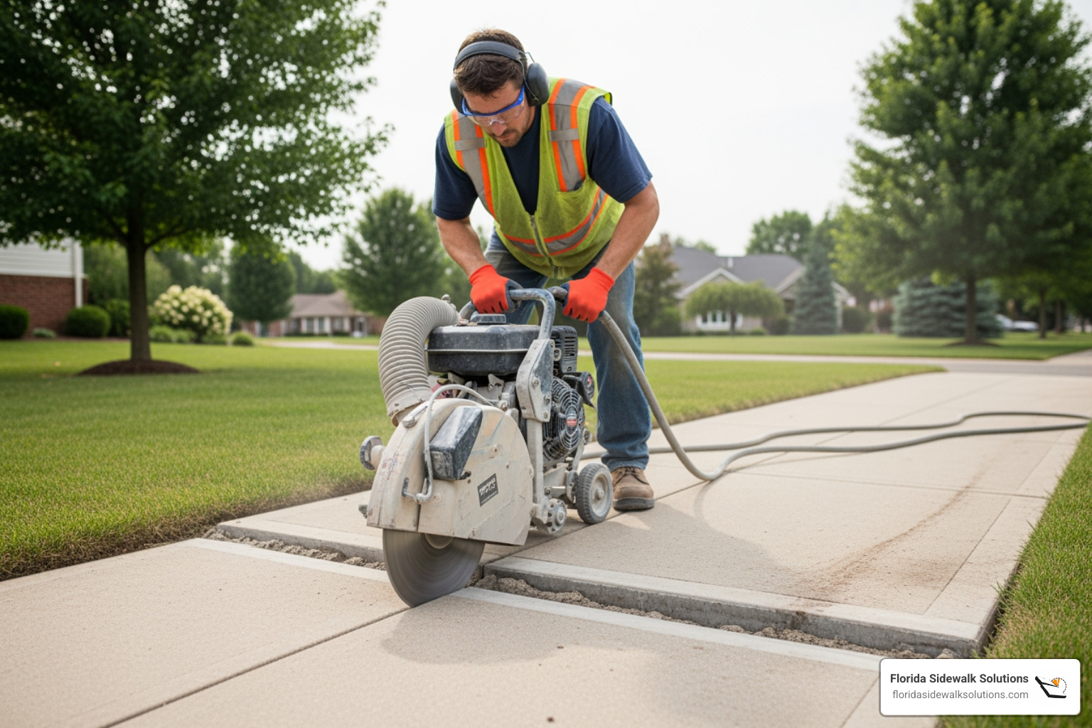 A contractor using a precision sidewalk cutting tool to smooth out a small lip between two concrete slabs - Sidewalk repair cost
