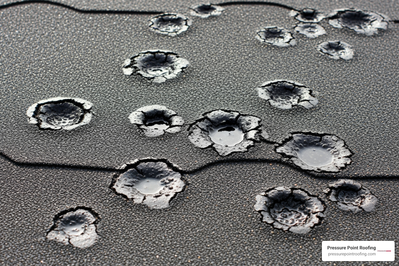 close up of hail "bruising" on modified bitumen roof - commercial roofing hail damage in central point or