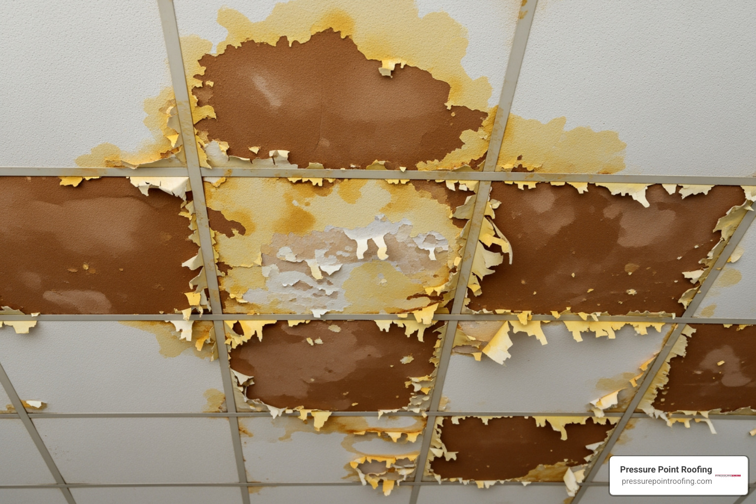 water stained ceiling inside commercial building - commercial roofing hail damage in central point or