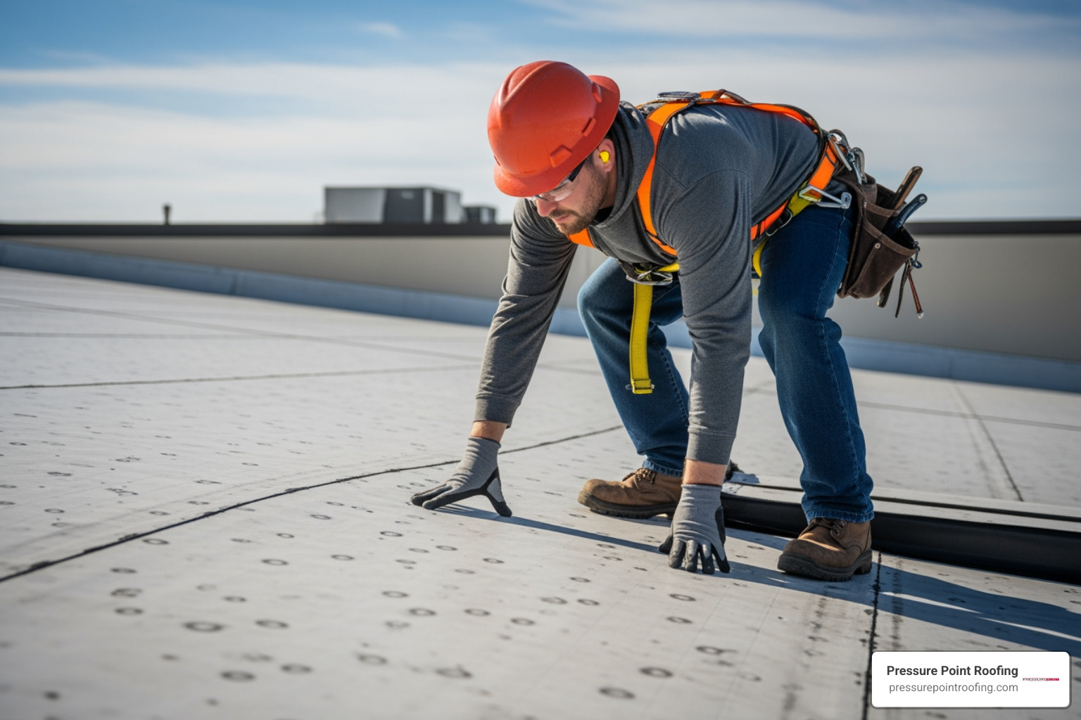 roofing professional inspecting hail damaged TPO roof - commercial roofing hail damage in central point or
