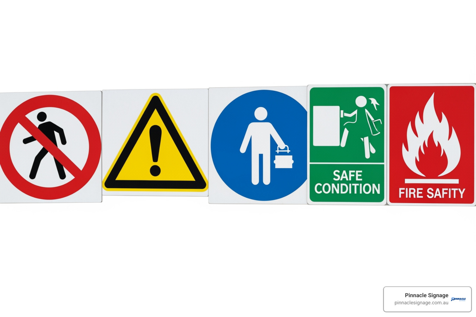 A row of five common examples illustrating what are safety signs?: Prohibition, Warning, Mandatory, Safe Condition, and Fire Safety. A row of five common examples illustrating what are safety signs?: Prohibition, Warning, Mandatory, Safe Condition, and Fire Safety.