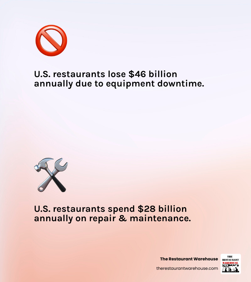 infographic showing two bars comparing financial impact: a large red bar labeled "$46 billion lost annually to equipment downtime in US restaurants" next to a smaller green bar labeled "$28 billion spent on repair and maintenance" with text emphasizing that neglect costs nearly twice as much as proactive care - restaurant equipment maintenance infographic 2_facts_emoji_light-gradient