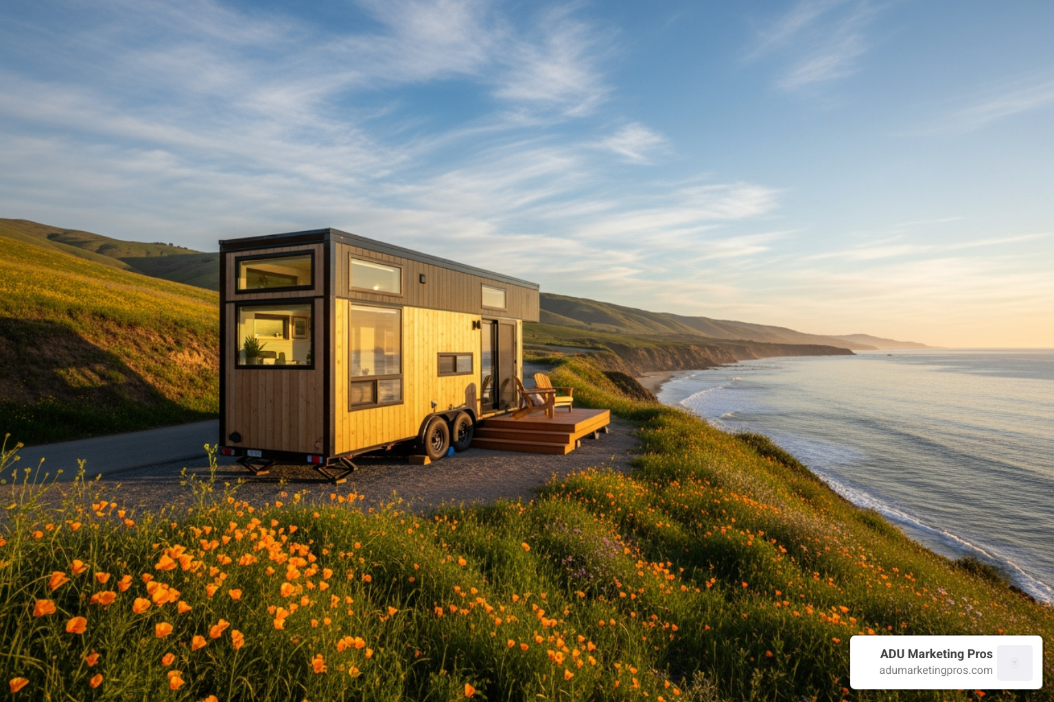 stylish, modern Tiny Home on Wheels (THOW) being towed or parked in a scenic California location - tiny homes Orange County stylish, modern Tiny Home on Wheels (THOW) being towed or parked in a scenic California location - tiny homes Orange County