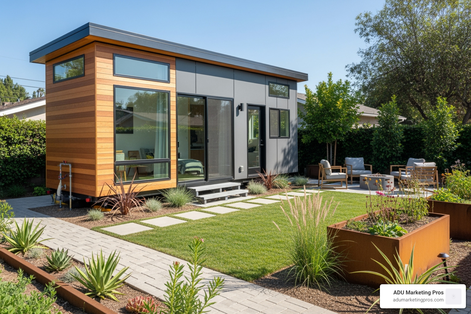 sleek, permanent tiny home on a foundation in a well-landscaped suburban backyard in Orange County - tiny homes Orange County sleek, permanent tiny home on a foundation in a well-landscaped suburban backyard in Orange County - tiny homes Orange County