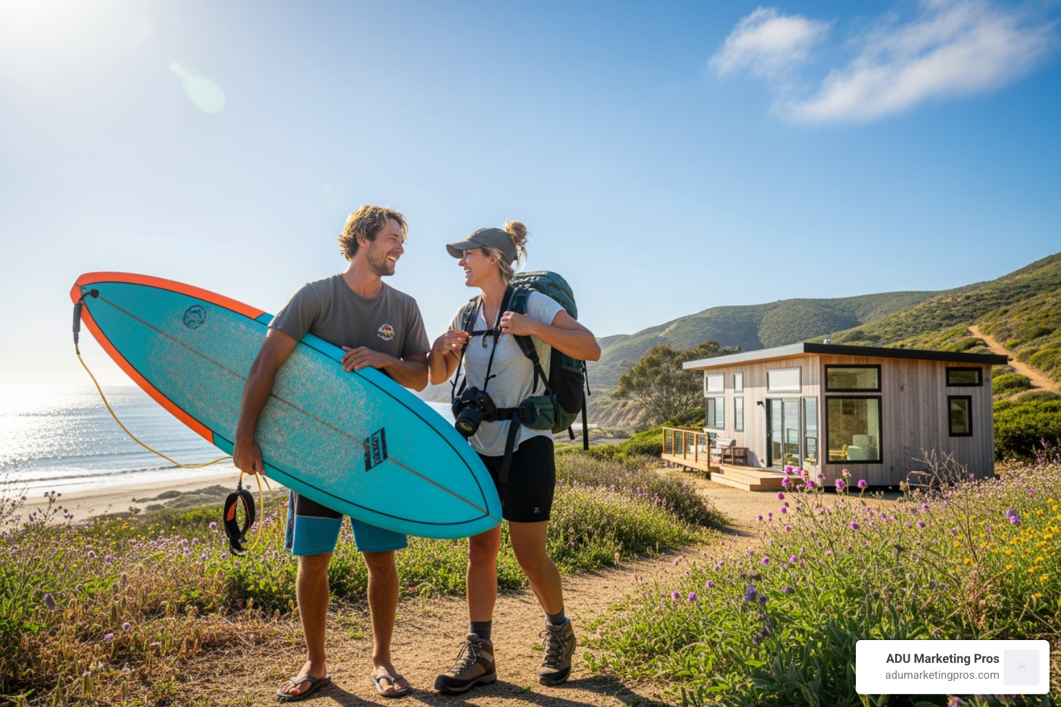 couple enjoying an outdoor activity like surfing or hiking, with their tiny home subtly in the background to emphasize the lifestyle benefit - tiny homes Orange County couple enjoying an outdoor activity like surfing or hiking, with their tiny home subtly in the background to emphasize the lifestyle benefit - tiny homes Orange County