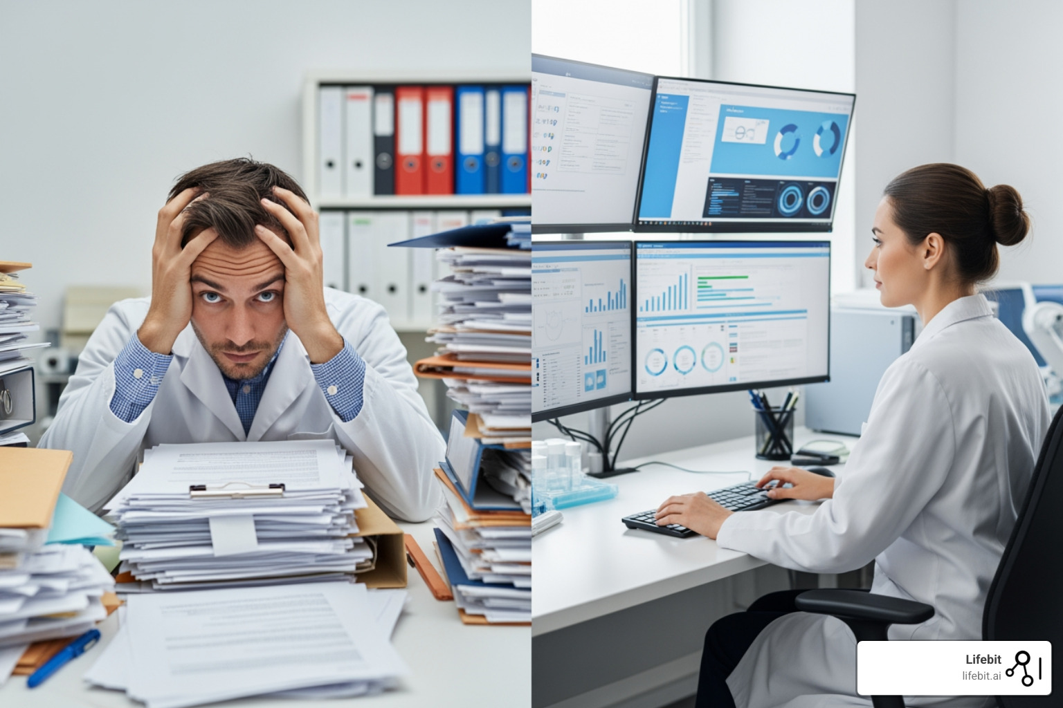 stressed PV professional buried in paperwork vs. a streamlined digital workflow - ai for pharmacovigilance stressed PV professional buried in paperwork vs. a streamlined digital workflow - ai for pharmacovigilance