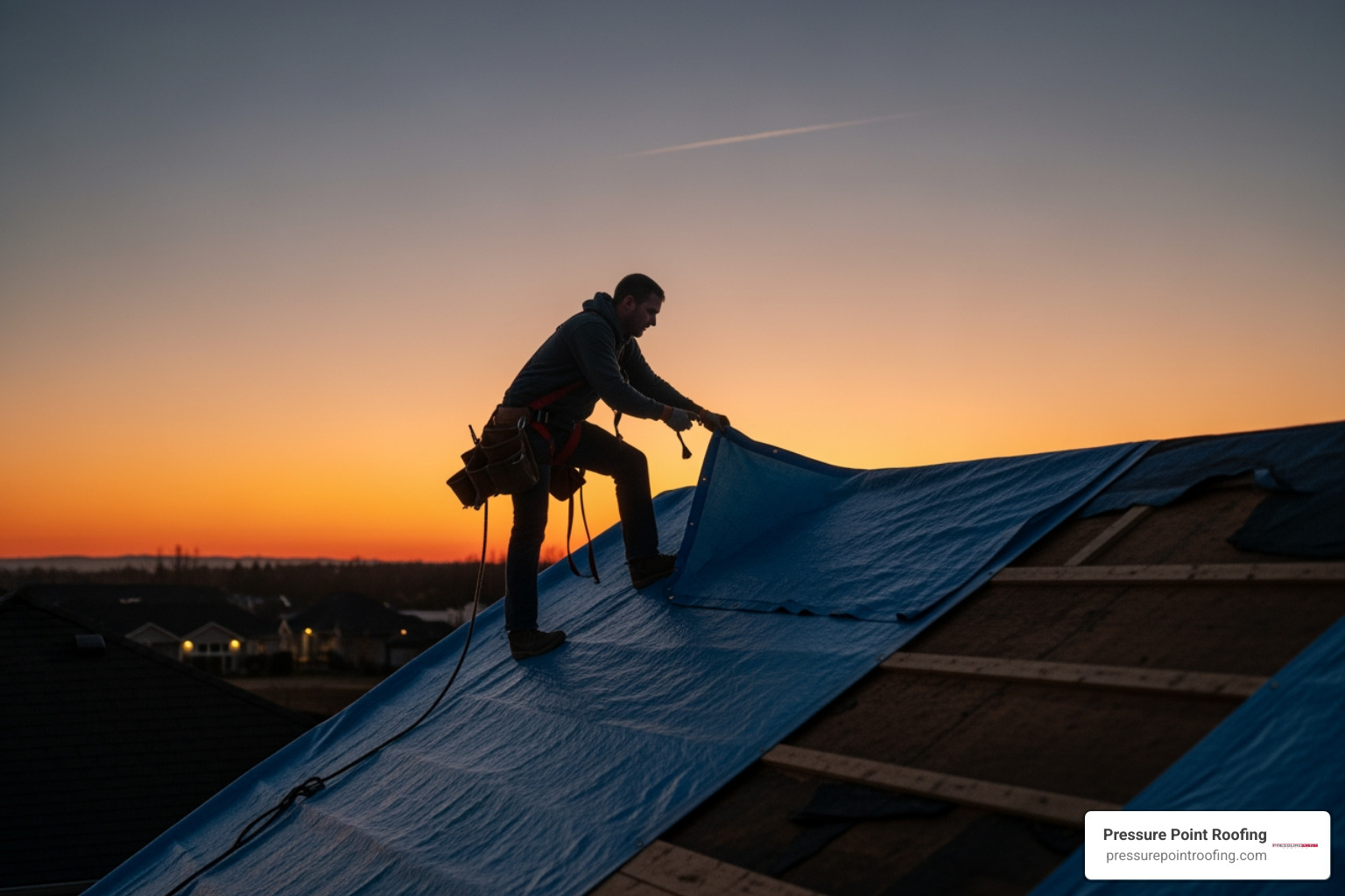 A professional roofer safely applying an emergency tarp to a damaged roof at dusk - 24 hour roofing service in jacksonville or