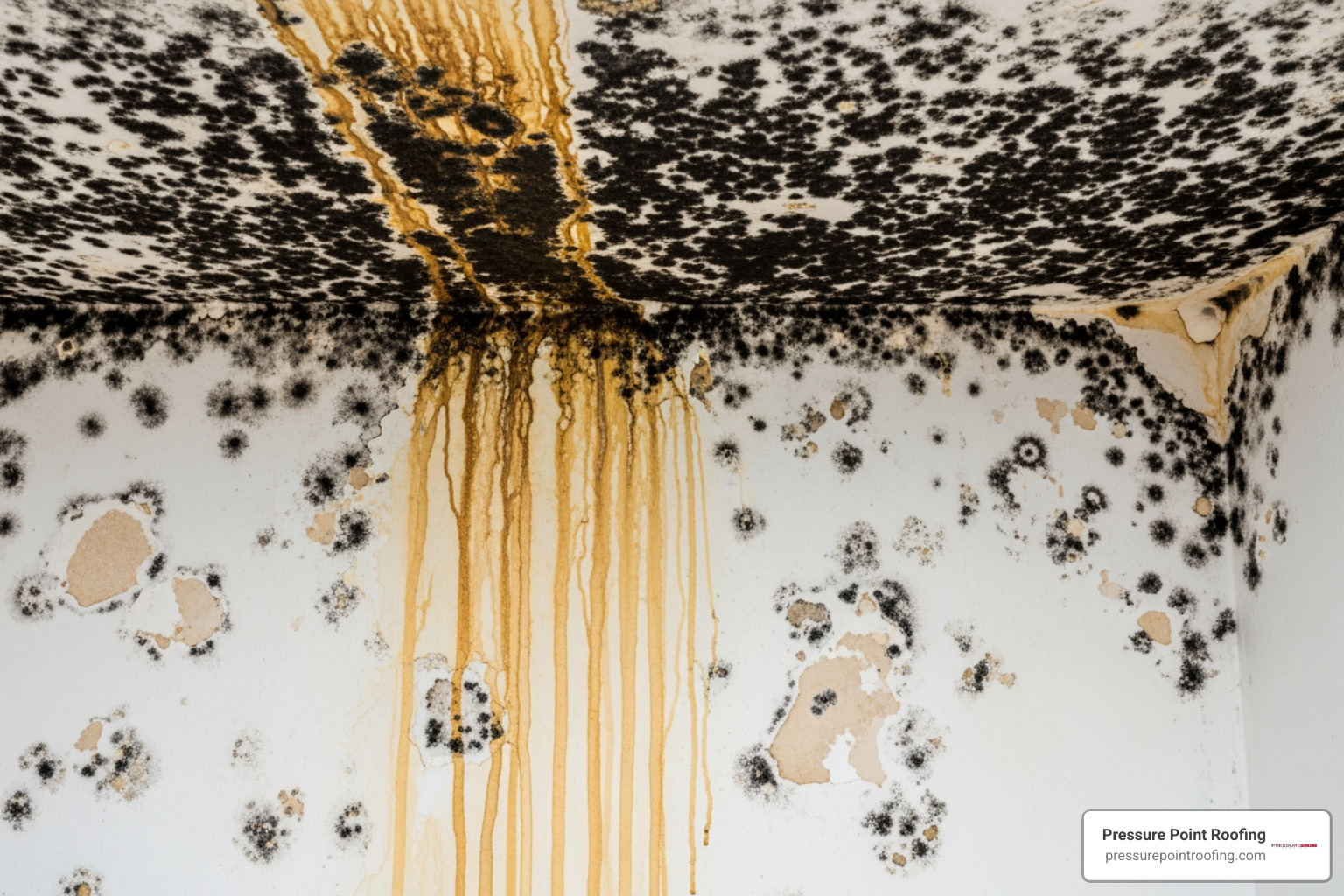 Black mold growing on an interior wall and ceiling due to a hidden roof leak - 24 hour roofing service in jacksonville or