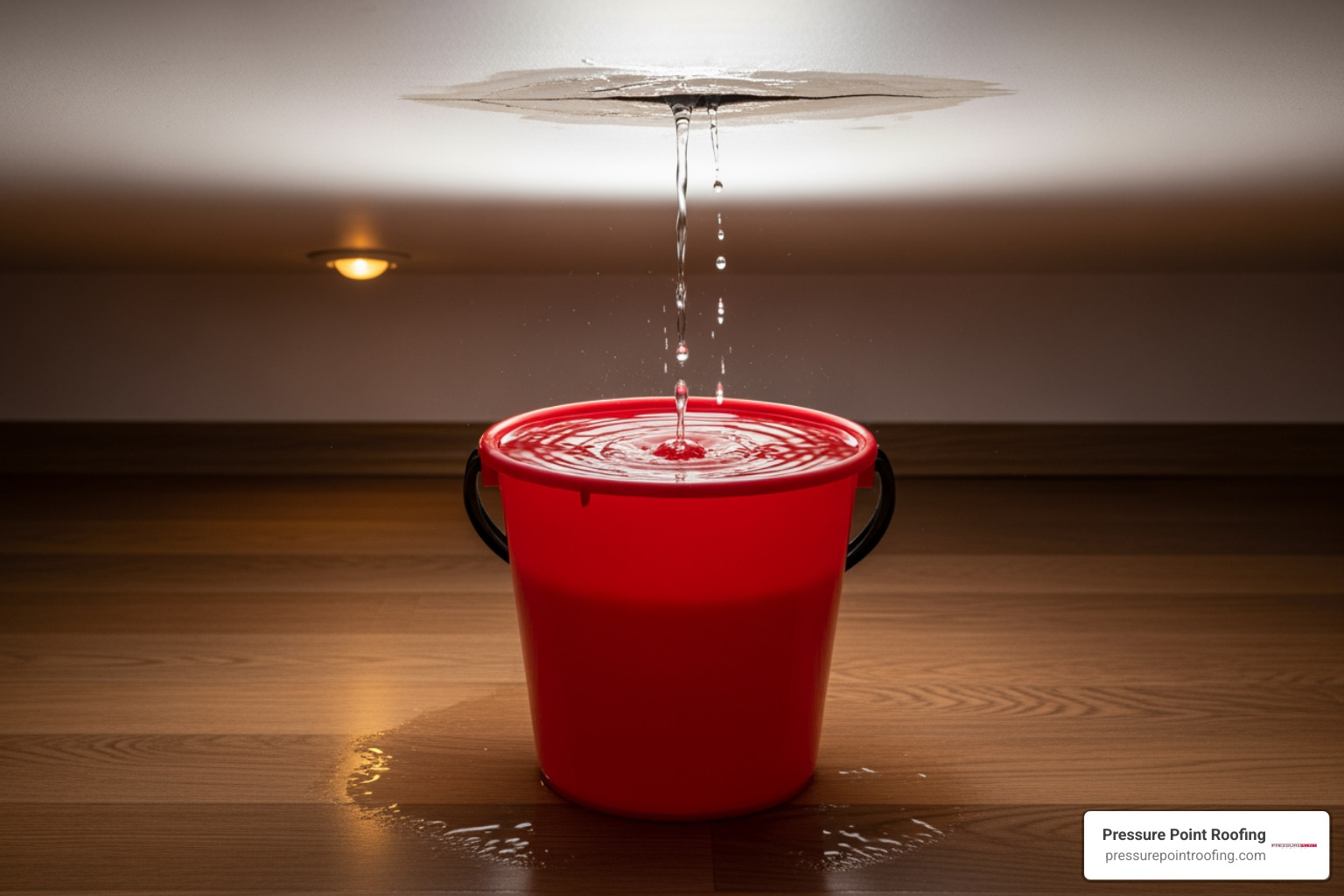 Water actively leaking through a ceiling into a bucket on the floor - 24 hour roofing service in jacksonville or