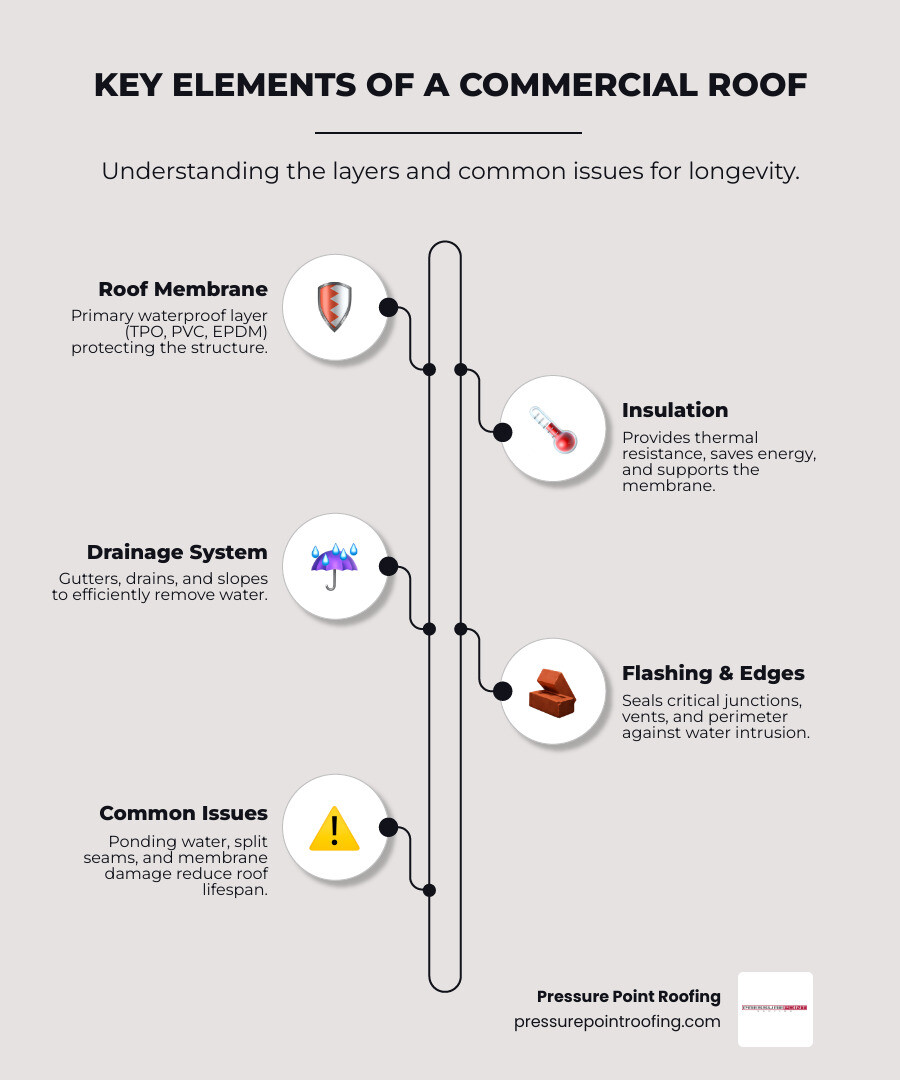 infographic showing commercial roof components including membrane layers, insulation, drainage system, flashing details, and common problem areas like ponding water and split seams - best commercial roofing company in grants pass or infographic infographic-line-5-steps-elegant_beige infographic showing commercial roof components including membrane layers, insulation, drainage system, flashing details, and common problem areas like ponding water and split seams - best commercial roofing company in grants pass or infographic infographic-line-5-steps-elegant_beige