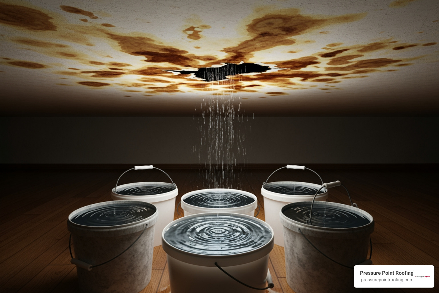 Buckets collecting water from a ceiling leak inside a home - emergency roofing repair in jacksonville or Buckets collecting water from a ceiling leak inside a home - emergency roofing repair in jacksonville or