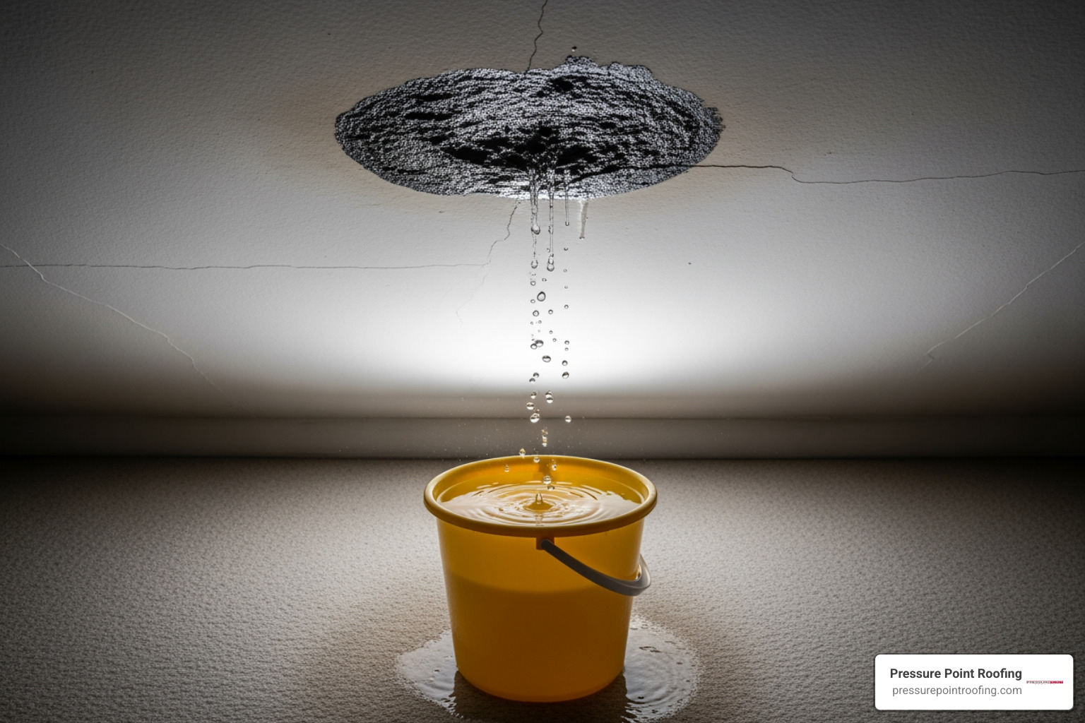 A ceiling with a significant water stain and active dripping from a roof leak - emergency roofing repair in jacksonville or A ceiling with a significant water stain and active dripping from a roof leak - emergency roofing repair in jacksonville or