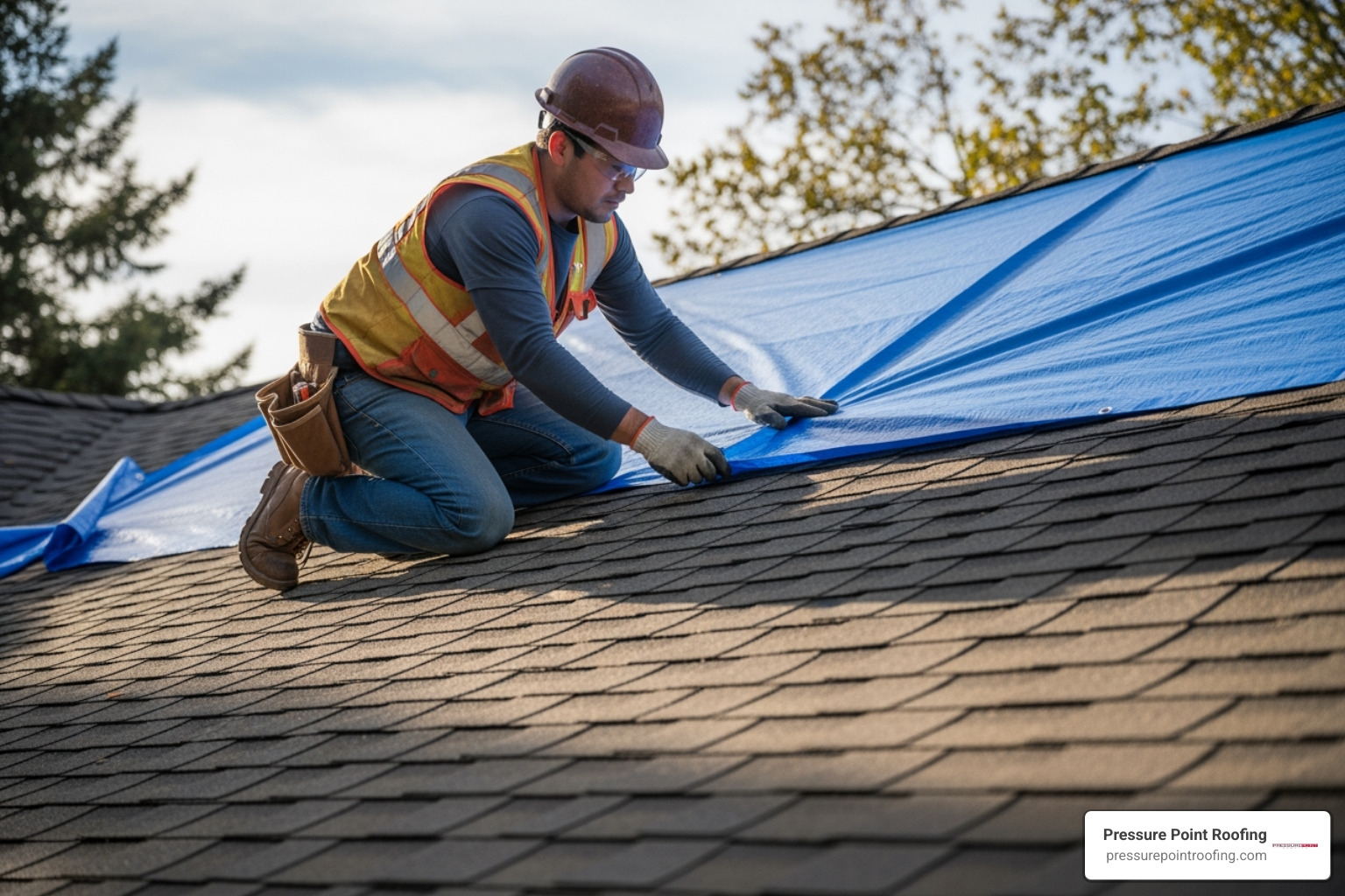 professional roofer applying emergency tarp - 24/7 roofing repair in eagle point or