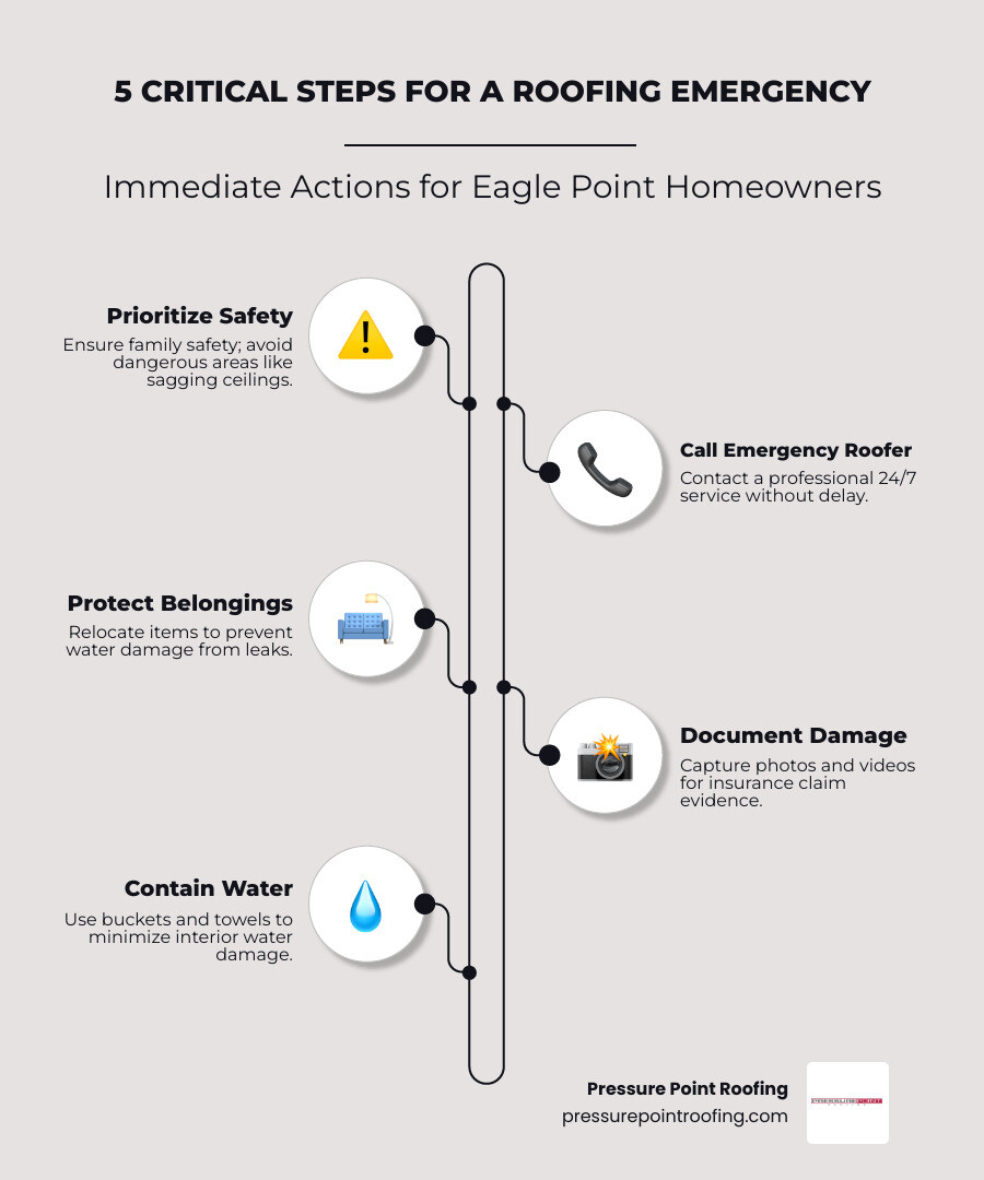 infographic showing 5 critical steps during a roofing emergency: 1. Ensure family safety and evacuate dangerous areas, 2. Call 24/7 emergency roofing service immediately, 3. Place buckets under active leaks and move valuables, 4. Take photos of all damage for insurance documentation, 5. Avoid climbing on the roof yourself - 24/7 roofing repair in eagle point or infographic infographic-line-5-steps-elegant_beige