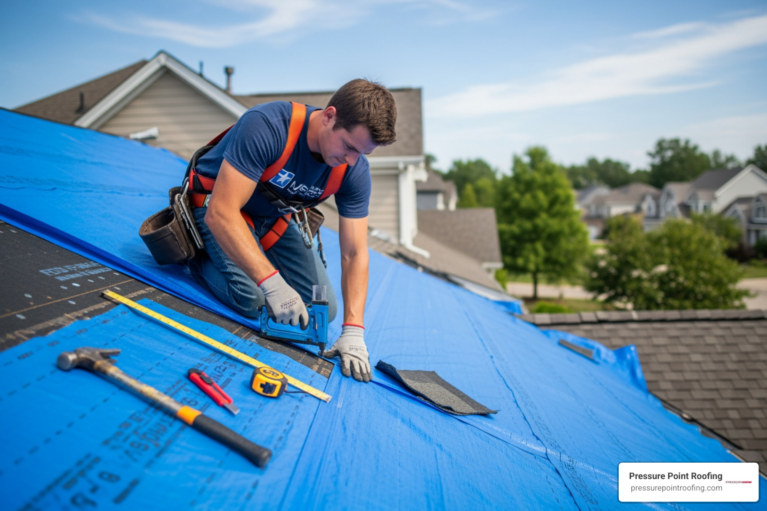 A professional roofer safely applying an emergency tarp to a damaged roof - emergency roofing repair in jacksonville or A professional roofer safely applying an emergency tarp to a damaged roof - emergency roofing repair in jacksonville or