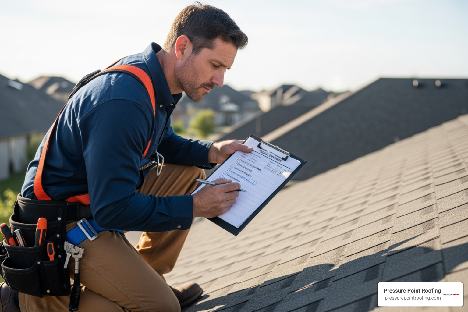 A roofer performing a routine roof inspection with a checklist - emergency roofing repair in jacksonville or A roofer performing a routine roof inspection with a checklist - emergency roofing repair in jacksonville or