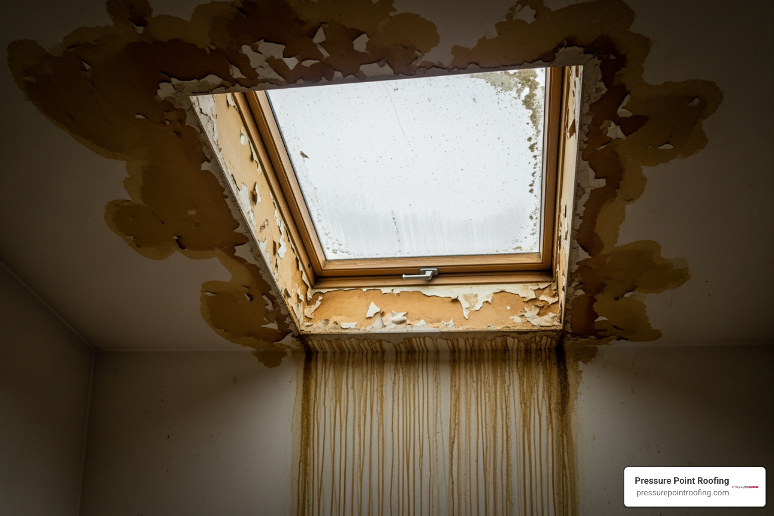 water stains on a ceiling and wall around a skylight frame - affordable skylight repair in ashland or