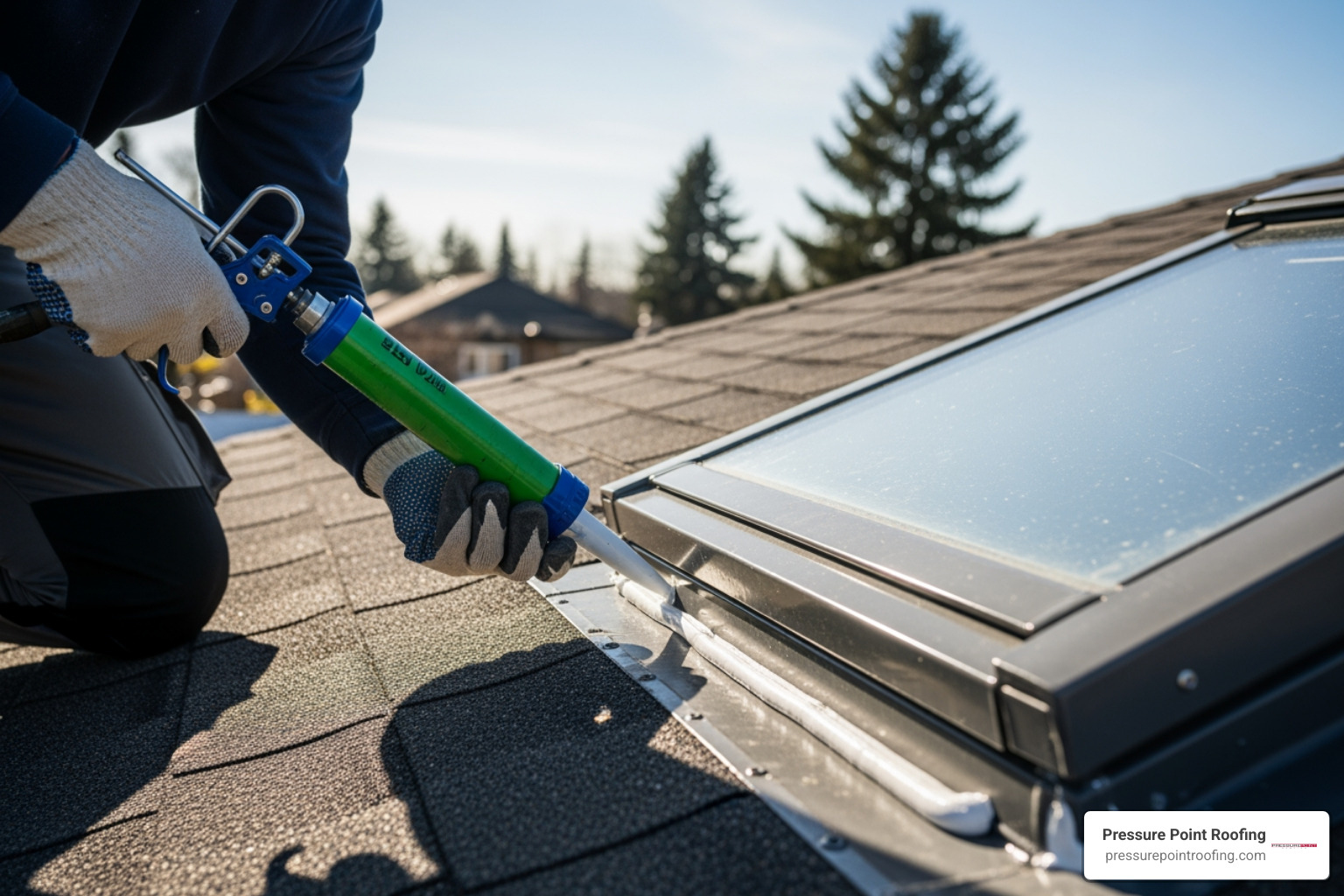 a professional roofer carefully applying sealant to a skylight - affordable skylight repair in ashland or