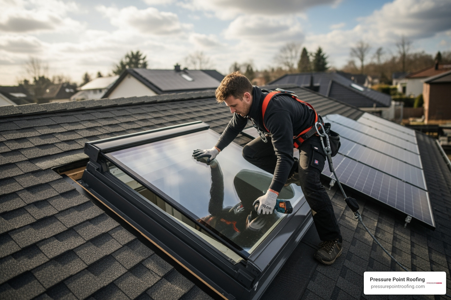 a modern, energy-efficient skylight being installed on a roof - affordable skylight repair in ashland or